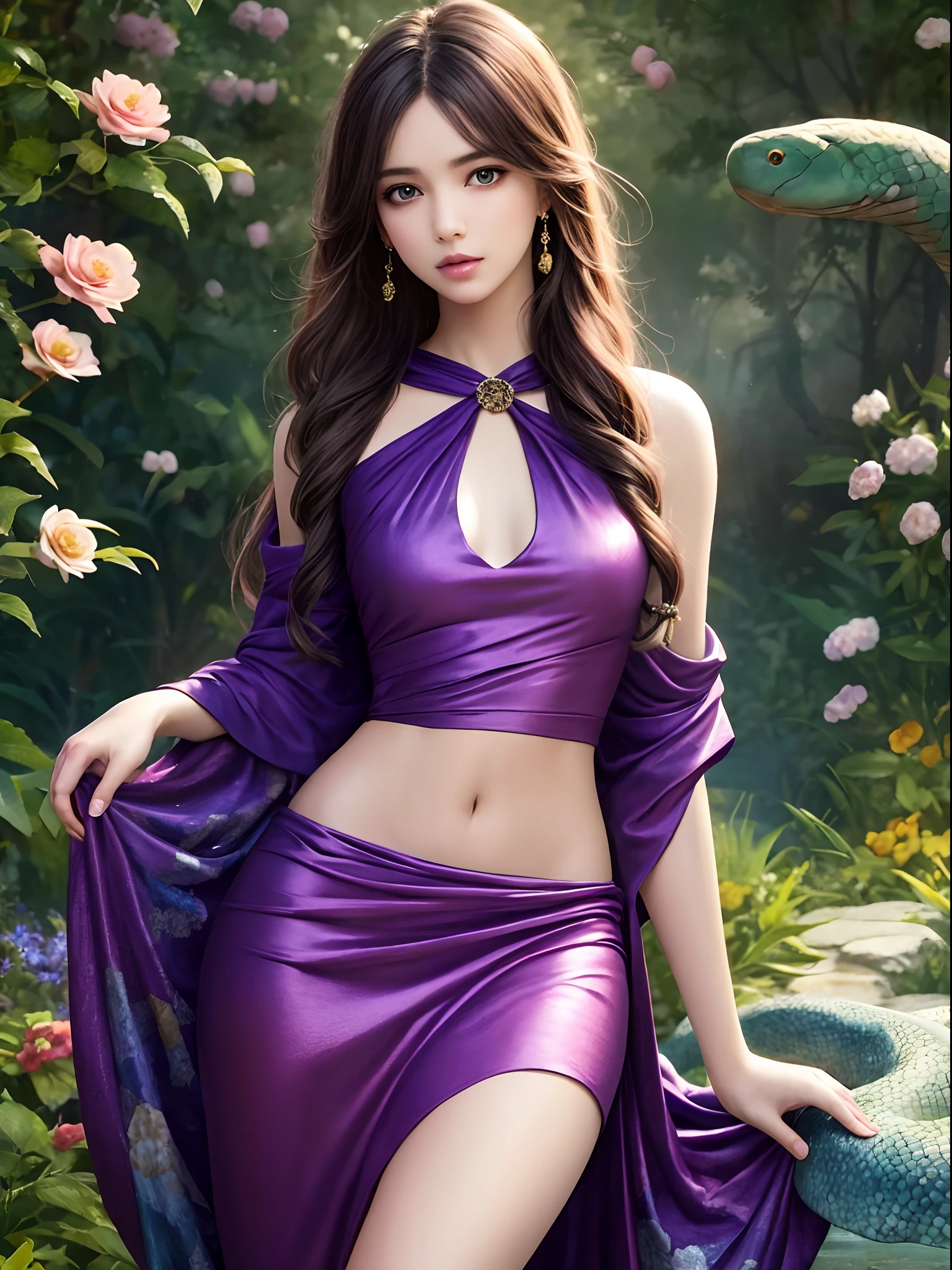 half the girl's body from head to navel and half the snake's body from the hips down, girl's eyes, girl's nose, girl's lips, snake's body, garden background, realistic style, vibrant colors, soft lighting, high resolution, detailed textures, girl's long hair, snake's scales, girl's dress, beautiful flowers, serene atmosphere, girl's delicate features