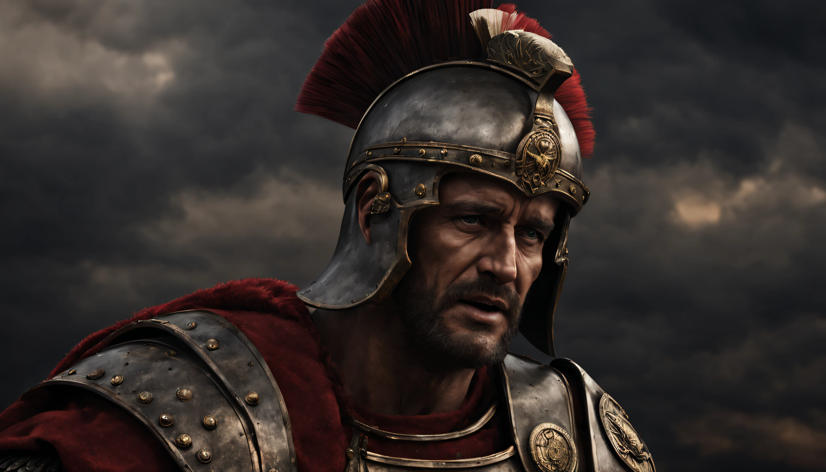 a Roman soldier in full armor, standing tall with a serious expression on his face. on the background military , ((masterpiece)) , ((detailed)), <lora:Desolation:0.6>