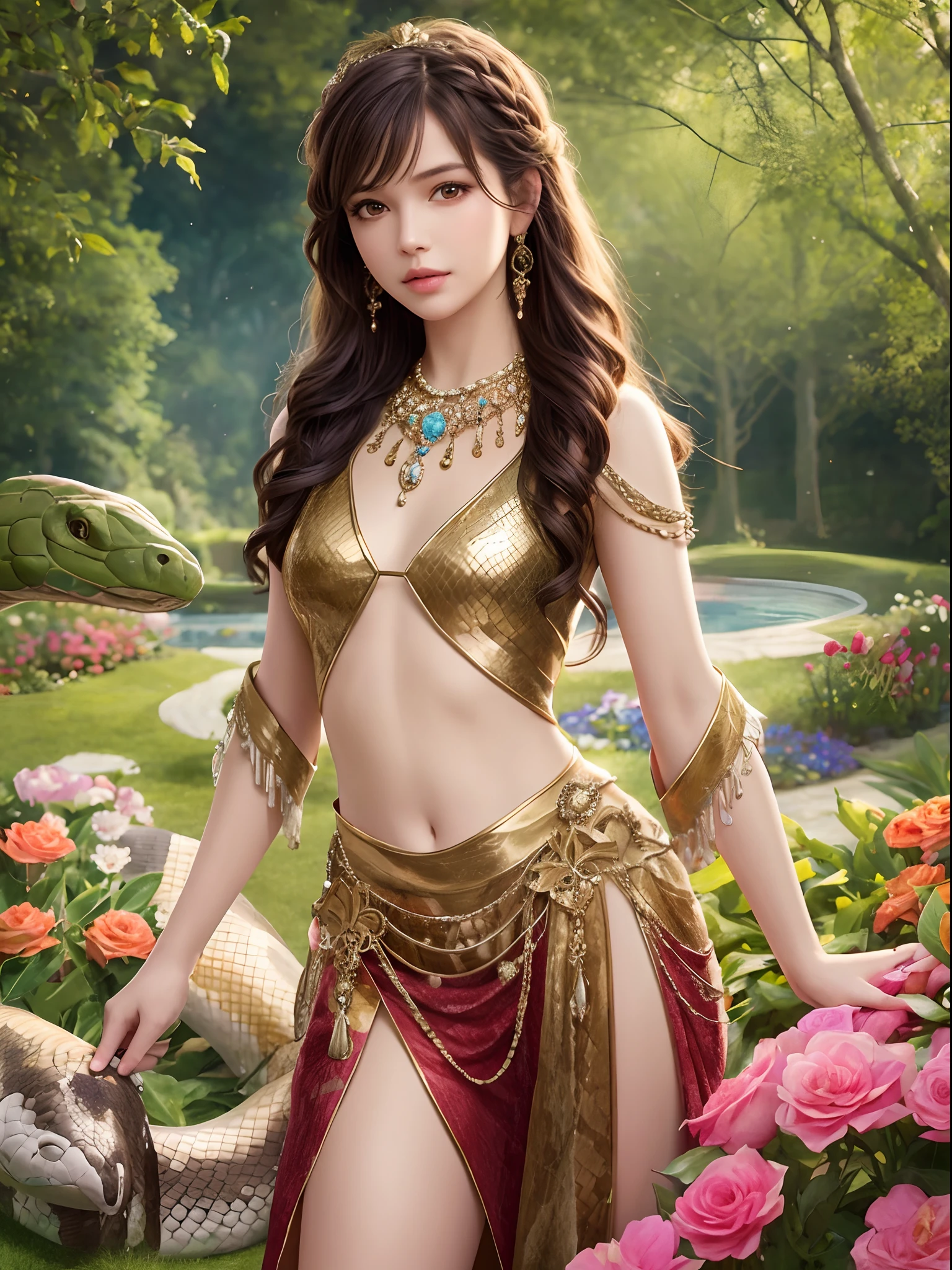 half the girl's body from head to navel and half the snake's body from the hips down, girl's eyes, girl's nose, girl's lips, snake's body, garden background, realistic style, vibrant colors, soft lighting, high resolution, detailed textures, girl's long hair, snake's scales, girl's dress, beautiful flowers, serene atmosphere, girl's delicate features
