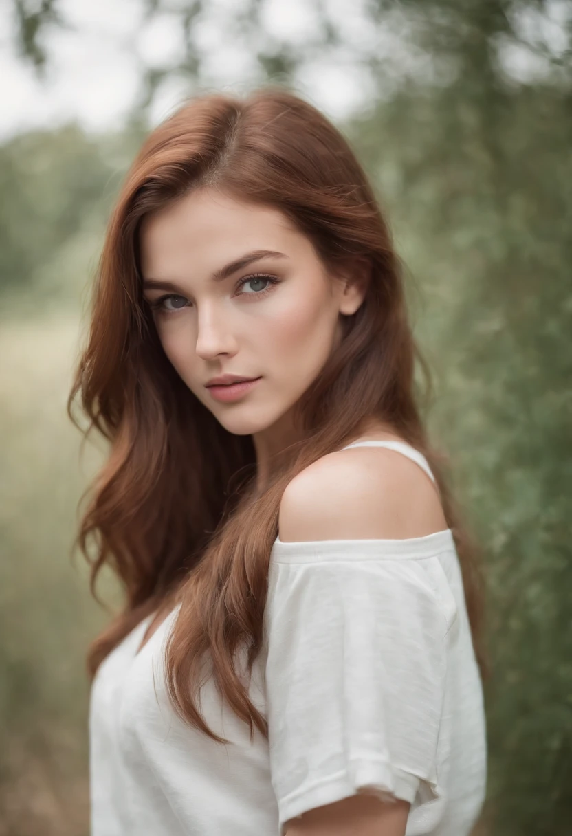 Full body Photograph of a tall, athletic, 18 year old girl, (fitness model physique) , long wavy red-Brown hair, green eyes, (white cropped tee shirt) , abs, underboob, Sparkling and beautiful eyes, Symmetrical beautiful face, Cute and innocent face, without makeup, Unadorned, film grain, Dreamy photos, Concept photo, Emotional photography, Film Photography, photograph realistic, realisitic, Sharp focus, 14K, highly detaild, CG Society, ultra-definition, Very fine grain, Dusty photos, Grain Filter
