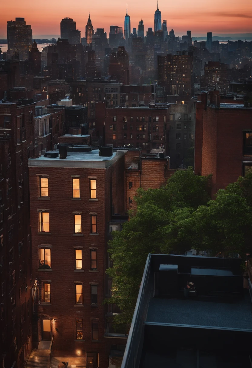 in 2d perspective, A rooftop view of the city. New York, the edge of the building, looking out over the city. At B's door&b,45-degree shooting,the sideview,Realiy.}
