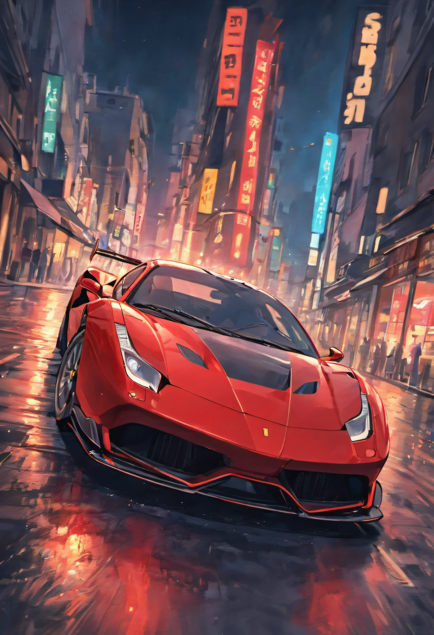 "um Quority(Ferrari 488 GT3 |)Race cars race around the city circuit at night,Um sopro de sangue e velocidade。"