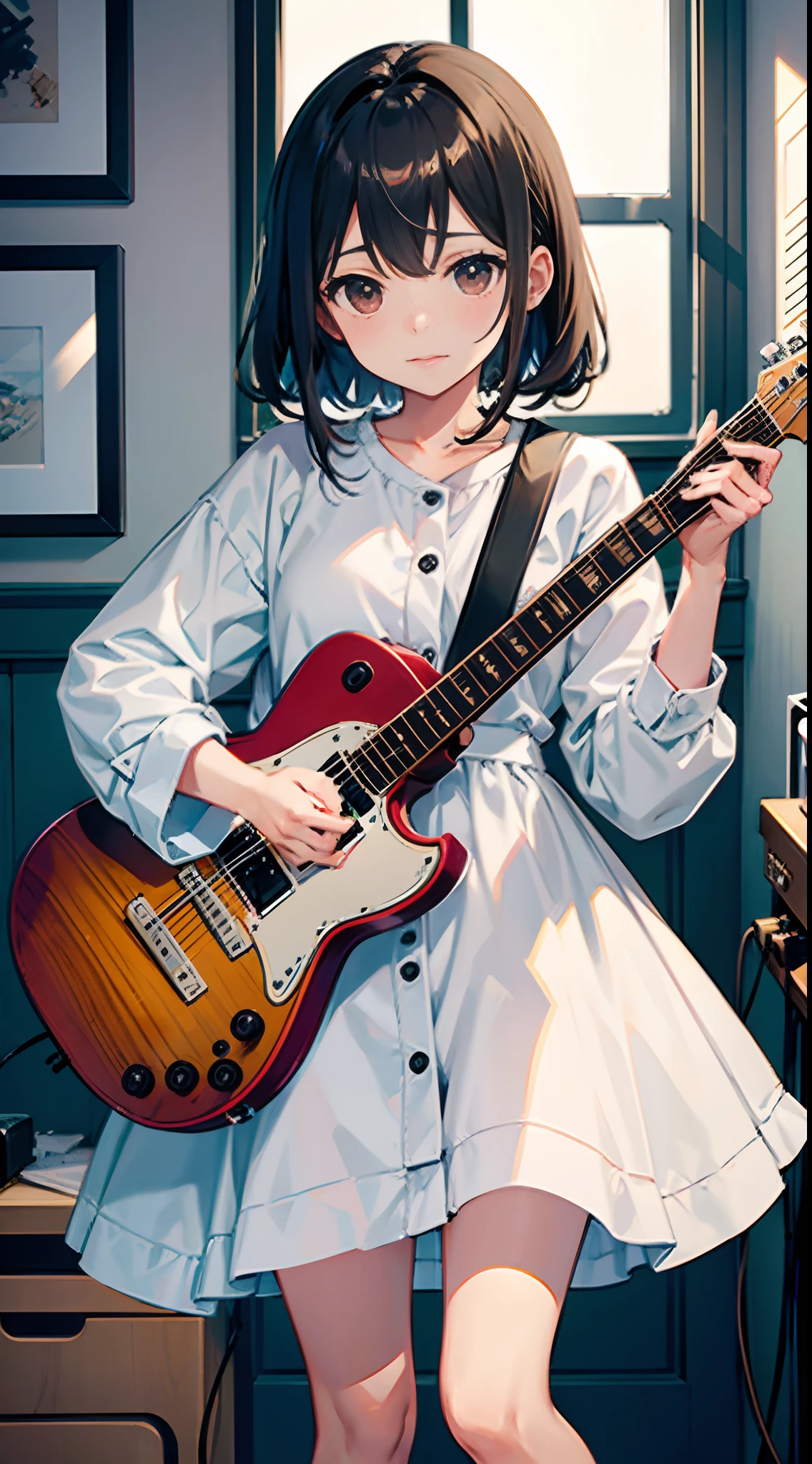 Bocchi, 1girl in, Solo, in the messy room, Guitar,Manteau blanc，
