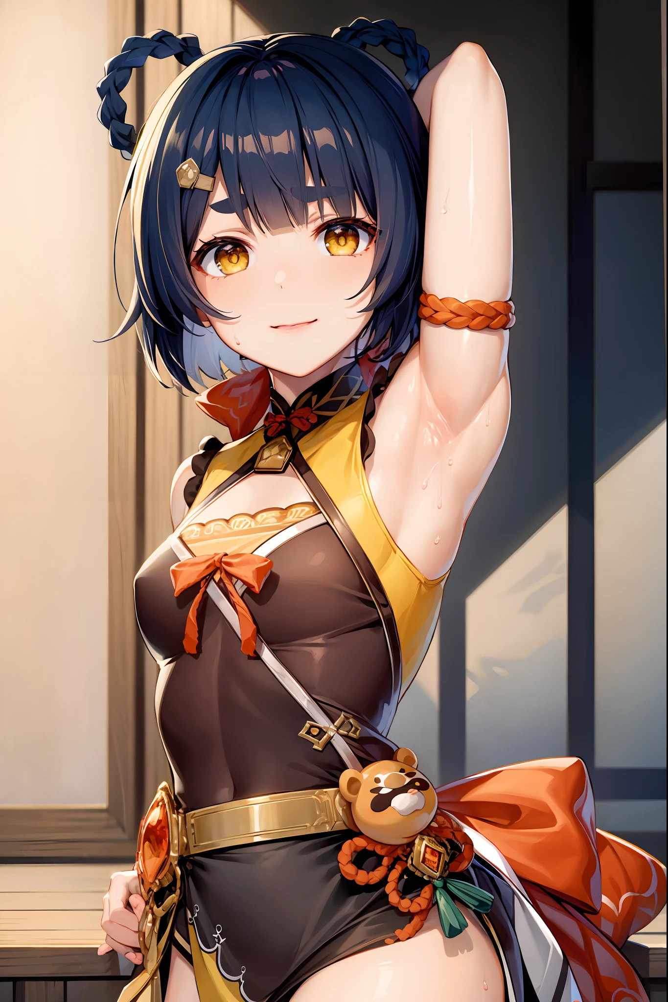 masterpiece, best quality, 1girl, xiangling (genshin impact),, , hair ornament, v, looking at viewer, yellow eyes, closed mouth, short hair, :d, bangs, hairclip, ,, thick eyebrows, , blue hair, indoors , arm up, blunt bangs, upper body, solo, , , , outdoors, braid, depth of field, armpits, sweat, sweaty armpits, small breasts, indoors