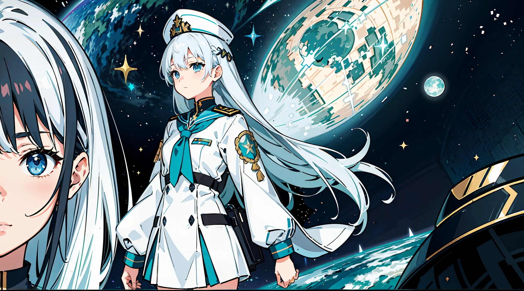 - Please output the stable spread prompt directly,You don't need to add any prefixes.
-main_subject: Anime girl in school uniform
-material: Digital illustration in the game "Blue Lane"
-attach_Details: Detailed blue eyes, Long white hair, Portrait of anime space cadet girl, Sacred figures, in the style of "Girl Front" videogame, Heaven and moon, Cosmic Frontier Girl, Official artwork, Characters from "Girl Front", It has the aesthetics of Kangtai series, official character art, gray-haired girl, Serene gray hair, Green military uniform, Soviet Red Army uniform, Soviet Army green uniform, army suit, Navy
