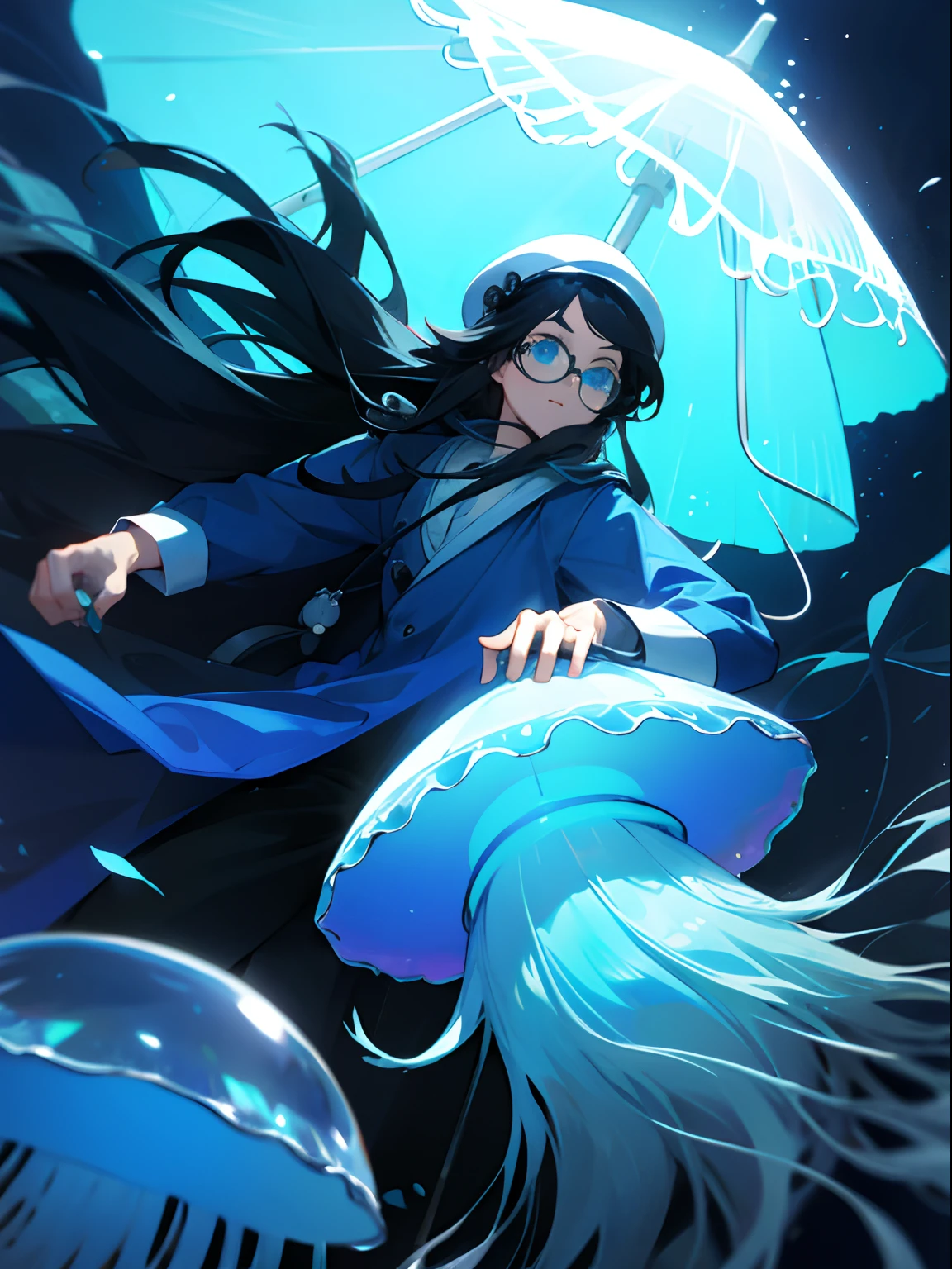 1guy, buffed, jellyfish hat, glasses, long hair, ((High Quality)), under the ocean, holding a Jellyfish, underlayer blue, black hair
