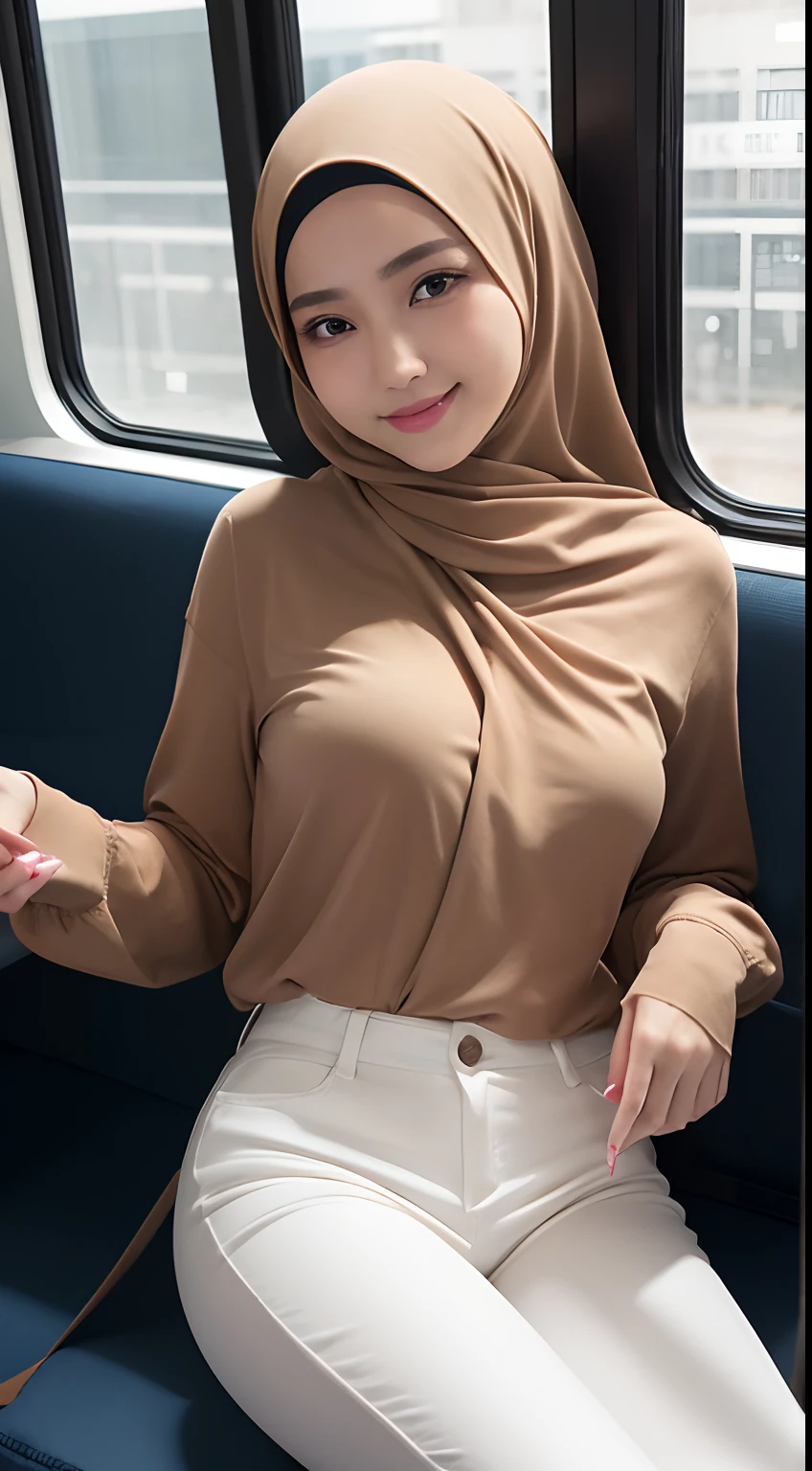 top-quality,ultra-detailliert,​masterpiece,realisitic,Photo Real,Bright lighting,1 girl in, an extremely beautiful 17-year-old girl, (kawaii:1.2),Thin smile, (Brown eyes),(hijab),perfect glossy skin,flawless skin,((erotick,Sexy and sexually explicit)),((accurate hands without incongruity)), large full breasts,big breasts thin waist, Look at viewers,((a thick long sleeve blouse)), (long pants), during daytime,On the train,Horizontal long seat with your back to the window