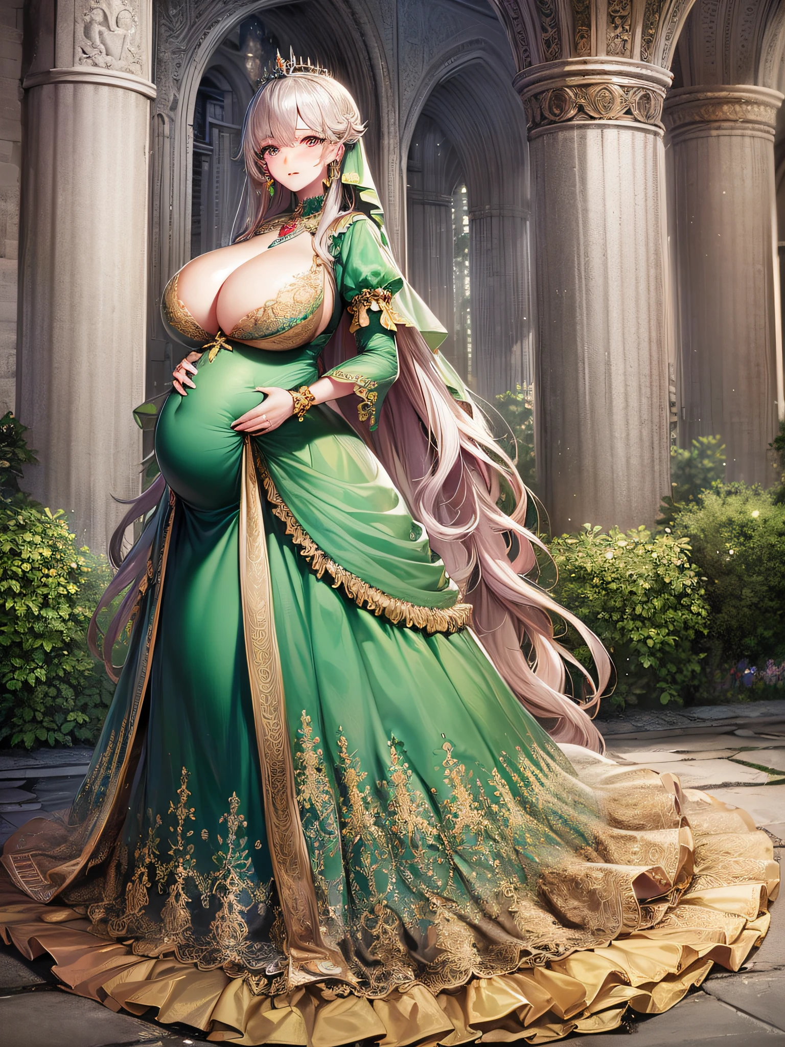 ((anime artstyle)),(Masterpiece),(Best Quality), (Super Detail),(Highly Detailed CG Unity 8k wallpaper),((Very Delicate and Beautiful)),1 pregnant girl,((full body portrait)),((standing in garden)),((solo)),(((1 pregnant princess in gorgeous embroidery and jeweled extremely gorgeous rococo princess ballgown with voluminous full length hoop skirt))),(((heavily pregnant))),(((huge crinoline hoopskirt))),long train,((gorgeous embroidery and jeweled)),voluminous frills,See-through,(((extremely gigantic tits,skindentation))),cleavage,((absurdly Long Straight Hair,extremely voluminous Straight long Hair,absurdly Long Straight Hair)),(finely detailed face and eyes),((embarrassed)),anguish,clear pupil,extremely gorgeousfull hair ornament,(bling-bling jeweled extremely gorgeousfull tiara),((bling-bling gorgeous gemstone jewelry)),gorgeous long veil,((ultra long gloves)),(beautiful background),(full body),((gorgeous embroidery and jeweled extremely gorgeous rococo princess ballgown with voluminous full length hoop skirt))