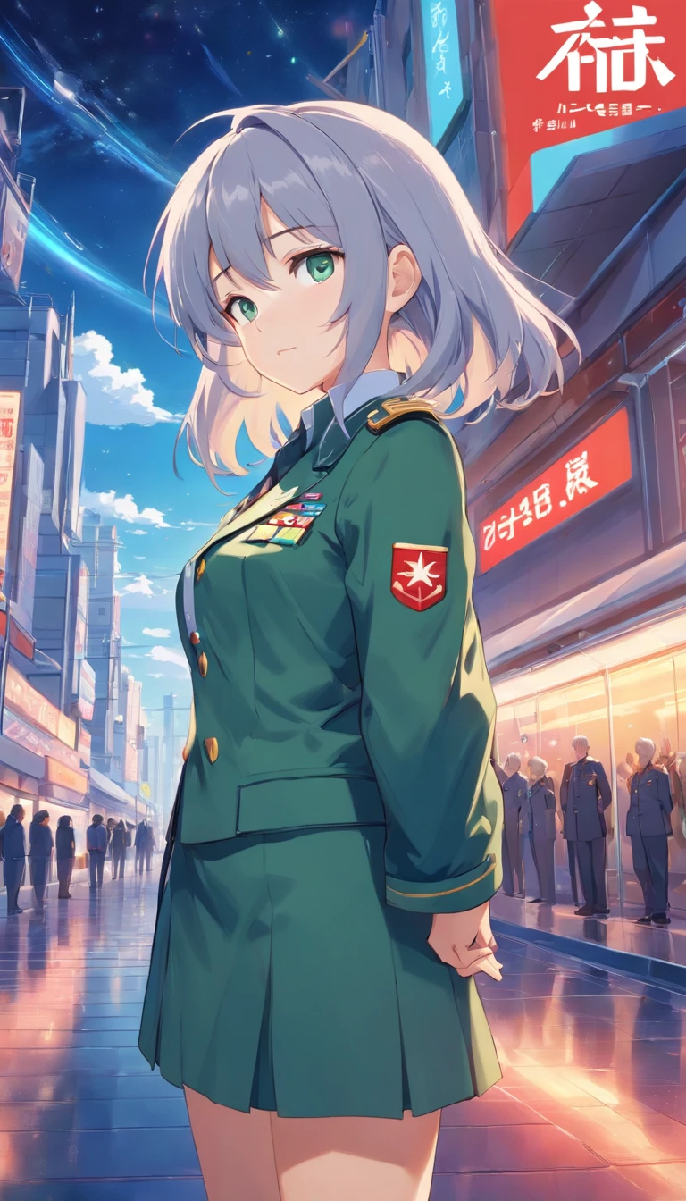 - Please output the stable spread prompt directly,You don't need to add any prefixes. -main_subject: Anime girl in school uniform - material: Digital illustration in the game "Blue Lane" -attach_Details: Detailed blue eyes, Long white hair, Portrait of anime space cadet girl, Sacred figures, in the style of "Girl Front" videogame, Heaven and moon, Cosmic Frontier Girl, Official artwork, Characters from "Girl Front", It has the aesthetics of Kangtai series, official character art, gray-haired girl, Serene gray hair, Green military uniform, Soviet Red Army uniform, Soviet Army green uniform, army suit, Navy