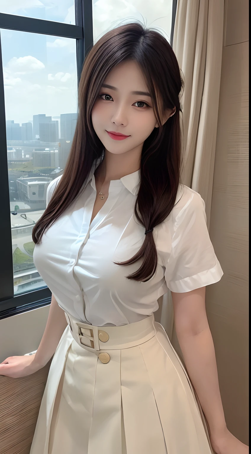 ((top-quality、8K、masterpiece:1.3))、1girl in、(Casual Hairstyles、rich Boobs:1.2)、interiors、Super Detail Face、Delicat eyes、二重まぶた、Soft breasts、A smile、(Schoolwear:1.2),Full body painting、(White blouse:1.2),(Long skirt with many folds:1,3)、(neatly dressed:1.4)、Arouse the chest、Attractive paws、Arousing body、Legs apart:1,5