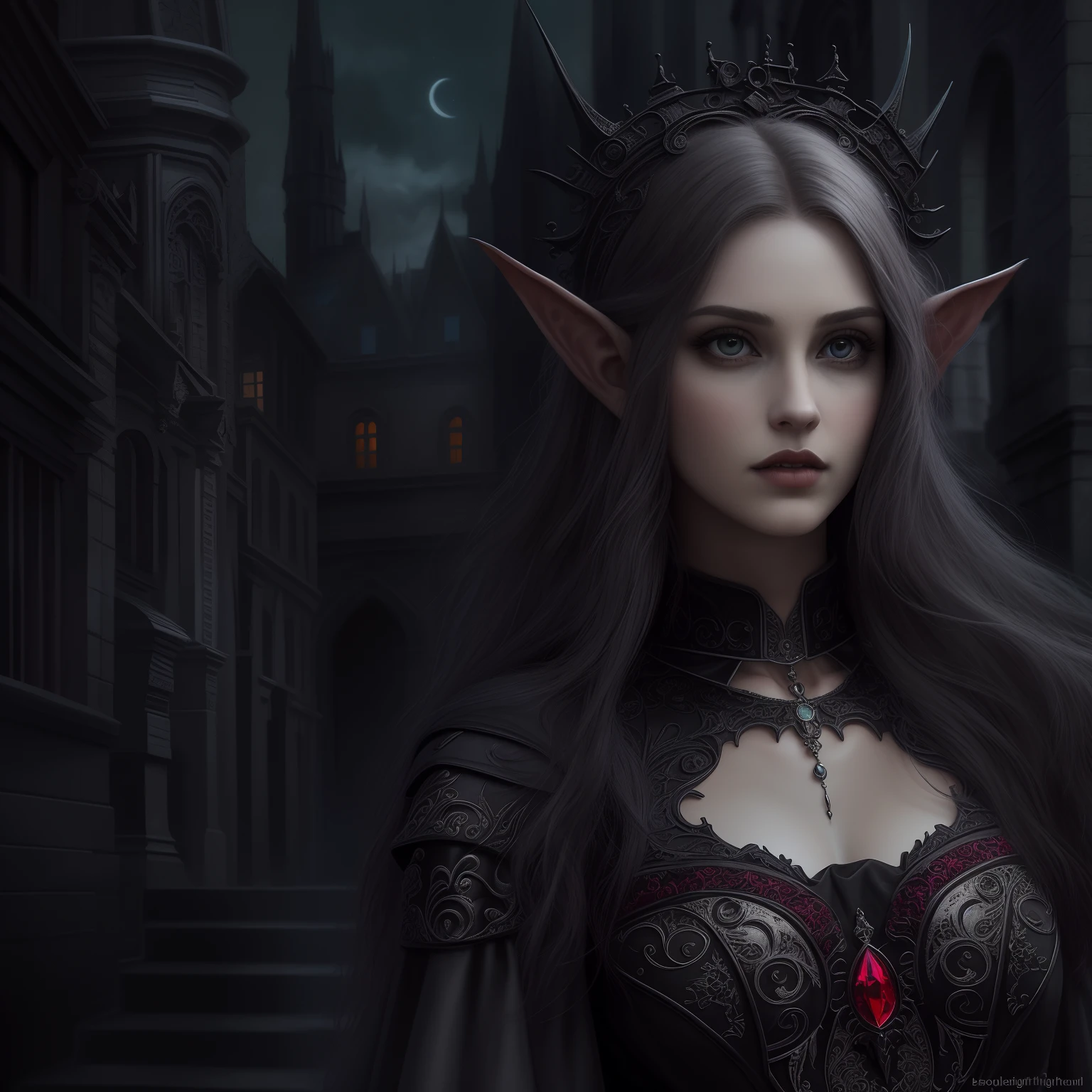 arafed, dark fantasy art, gothic art, (masterpiece:1.5), full body best details, highly detailed, best quality, highres, full body portrait of a vampire, elf (1.6, Masterpiece, best quality), ultra feminine (1.4 intricate details, Masterpiece, best quality) with a long curvy hair, dark color hair, red eyes (1.3 fantasy art, Masterpiece, best quality), ((beautiful delicate face)), Ultra Detailed Face (1.4 intricate details, fantasy art, Masterpiece, best quality), [visible vampiric fangs] (1.6 intricate details, fantasy art, Masterpiece, best quality), [anatomically correct] red cloak, flowing cloak (1.4 intricate details, fantasy art, Masterpiece, best quality), wearing an intricate leather black dress (1.4 intricate details, gothic art, Masterpiece, best quality), high heeled boots, urban background (intense details, beat details), fantasy, at night light, natural ,moon light, soft moon light, moon rays, clouds, gothic atmosphere, gothic street background, bats flying in backgrouns, soft light, dynamic light, [[anatomically correct]], high details, best quality, 8k, [ultra detailed], masterpiece, best quality, (extremely detailed), dynamic angle, ultra wide shot, RAW, photorealistic