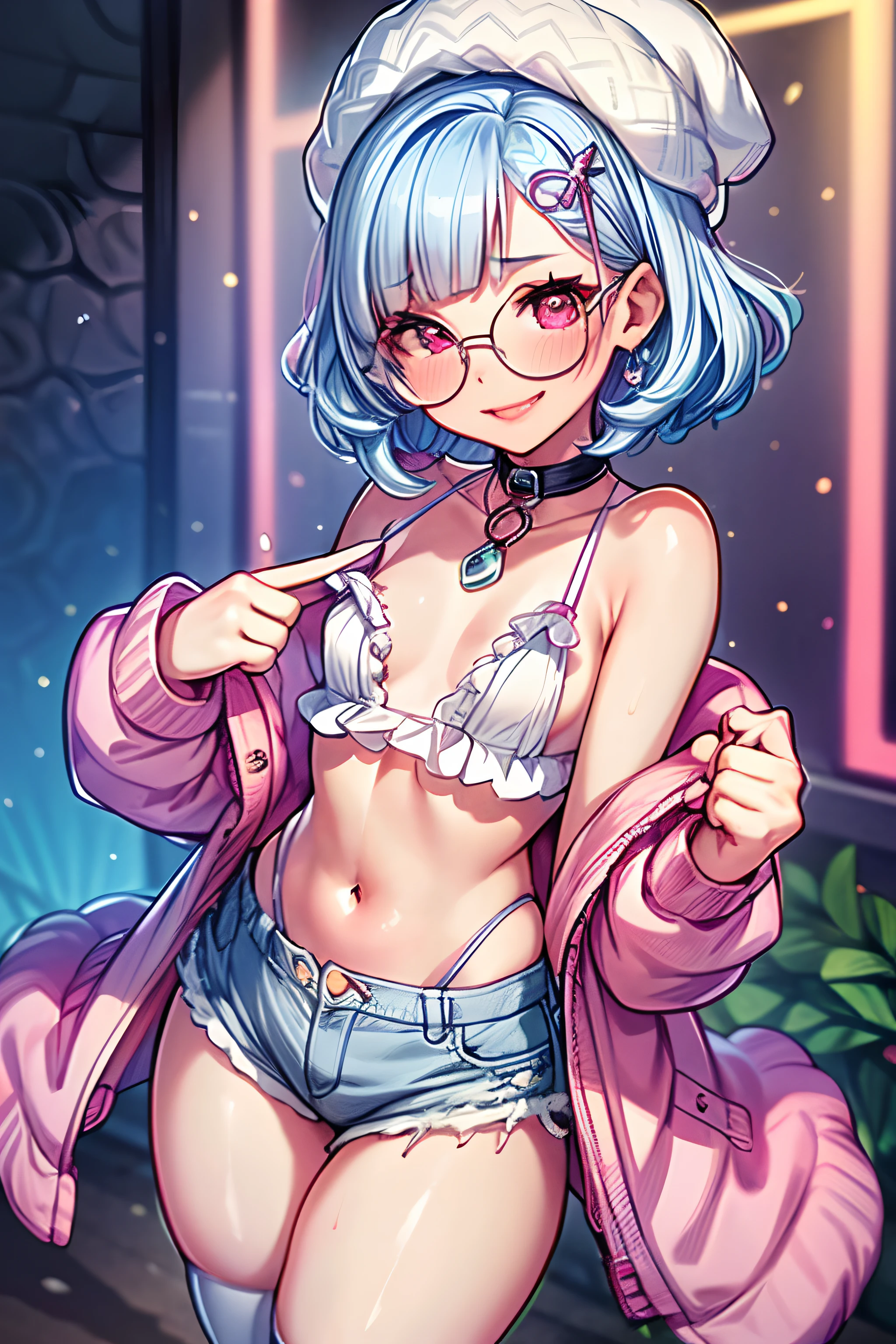 vibrant colors, (masterpiece), (realistic), (best quality), (ultra-detailed), amazing, 1boy, femboy on a walk, trip club, neon lights, hermaphrodite, fem presenting non-binary, 19 years old, (light pale blue hair), fluffy hair, hair brushing shoulders, medium hair, (((flat_chest))), slender waist, smile, beautiful eyes, magenta pink eyes, thin round glasses, ((hyper ultra detailed perfect piece)), illustration, masterpiece, (extremely detailed CG 8k), (very fine 8K CG), smile, cinematic lighting, ((thick lips)), pink lipstick, kiss pov, leaning in, side swept bangs, late at night, erection, bulge, thick full lips, big plump lips, pear-shaped figure, feminine hips, sweet smile. tank top, jacket, shorts, pastel clothes, hands behind back, white beanie