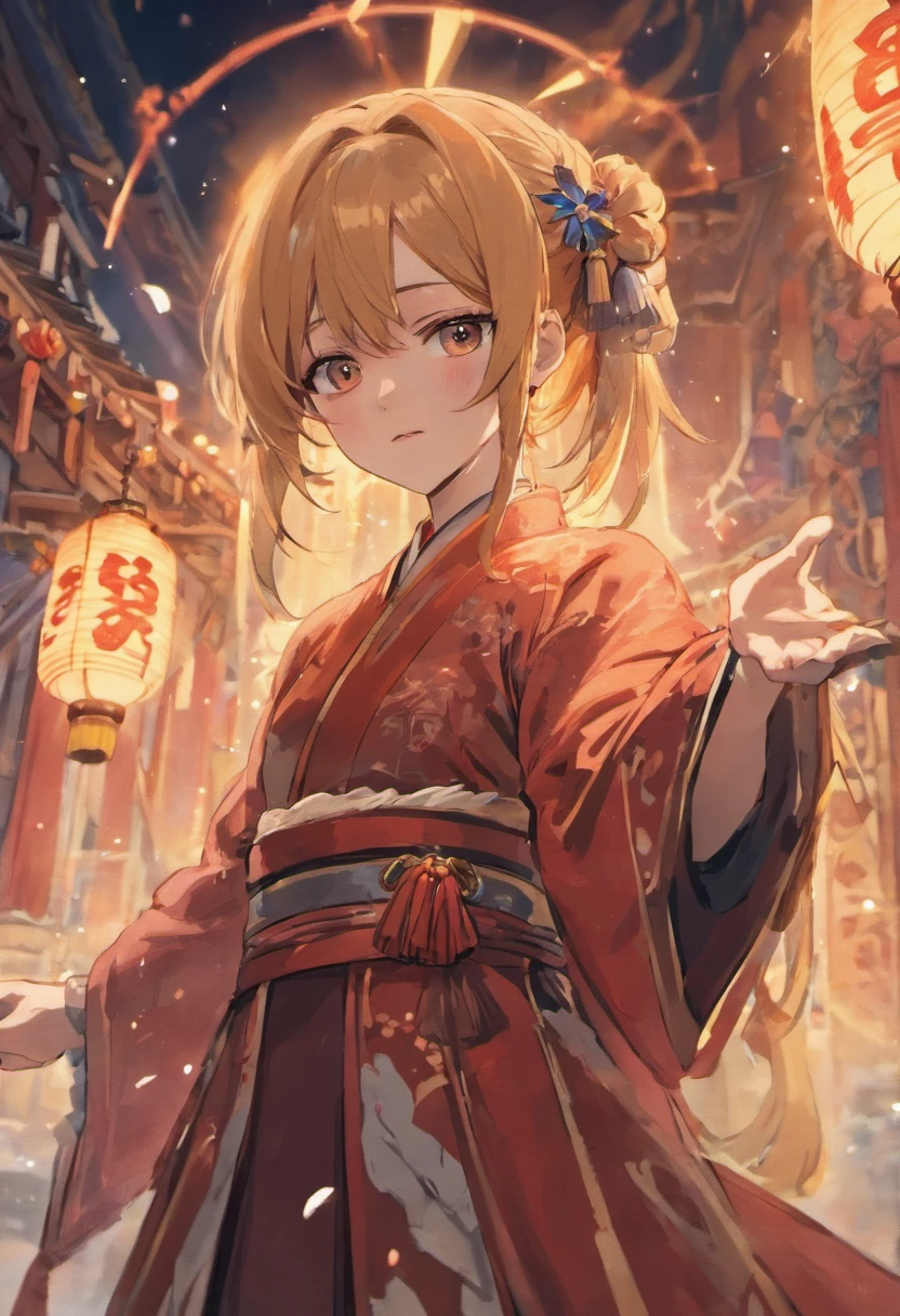 anime,Adult Male，chineseidol，The upper part of the body，cabelos preto e longos，Wear a red ribbon，red color Hanfu，The coat is black，Eyes amber gold，Look at the audience，Handsome looking，Dressed in ancient costumes，The background is on Chang'an Avenue in the Tang Dynasty，Season winter，It's snowing，The background has floating light artifacts，aquarelle