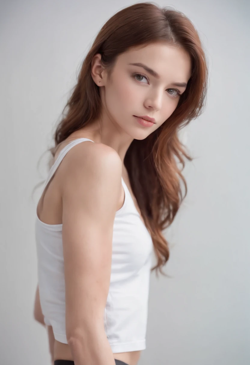 Full body Photograph of a tall, athletic, 18 year old girl, (fitness model physique:1.3) , long wavy red-Brown hair, green eyes, (short white cropped tee shirt showing underboob:1.5) , abs, underboob, medium breasts, parkling and beautiful eyes, Symmetrical beautiful face, Cute and innocent face, without makeup, Unadorned, film grain, Dreamy photos, Concept photo, Emotional photography, Film Photography, photograph realistic, realisitic, Sharp focus, 14K, highly detaild, CG Society, ultra-definition, Very fine grain, Dusty photos, Grain Filter