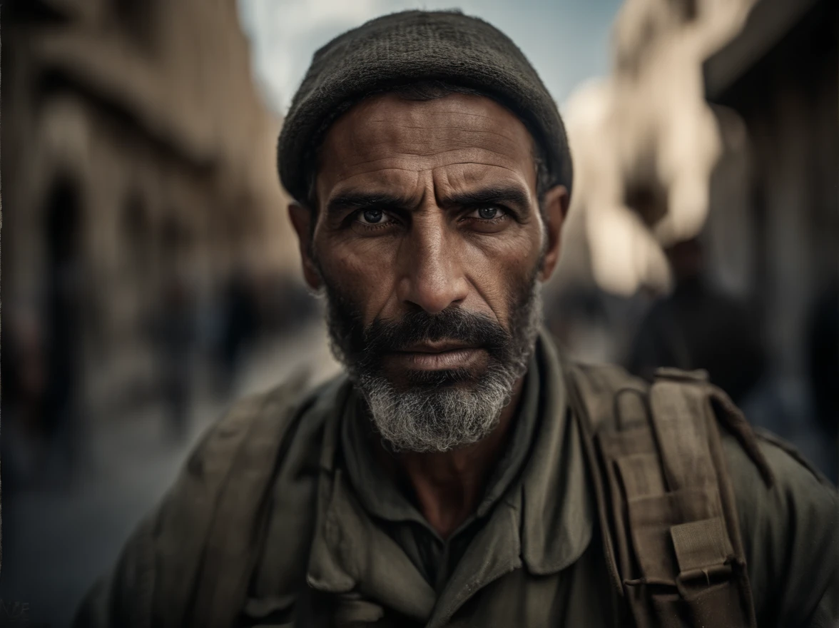 analog style, model photography style, RAW close portrait of a ans israeli soldier with Jerusalem city as background, best quality, epic (by photo by Lee Jeffries, sony a7, 50 mm , pores: 1.5, colors, hyperdetailed: 1.5, film grain: 1.4, hyperrealistic: 1.5), hyperrealistic texture, masterpiece, unreal engine 5, extremely detailed CG unit 4k wallpaper, realistic eyes, insanely detailed photo, no shadows, (Winner of Pulitzer Prize for Photography and Taylor Wessing Photographic Prize)