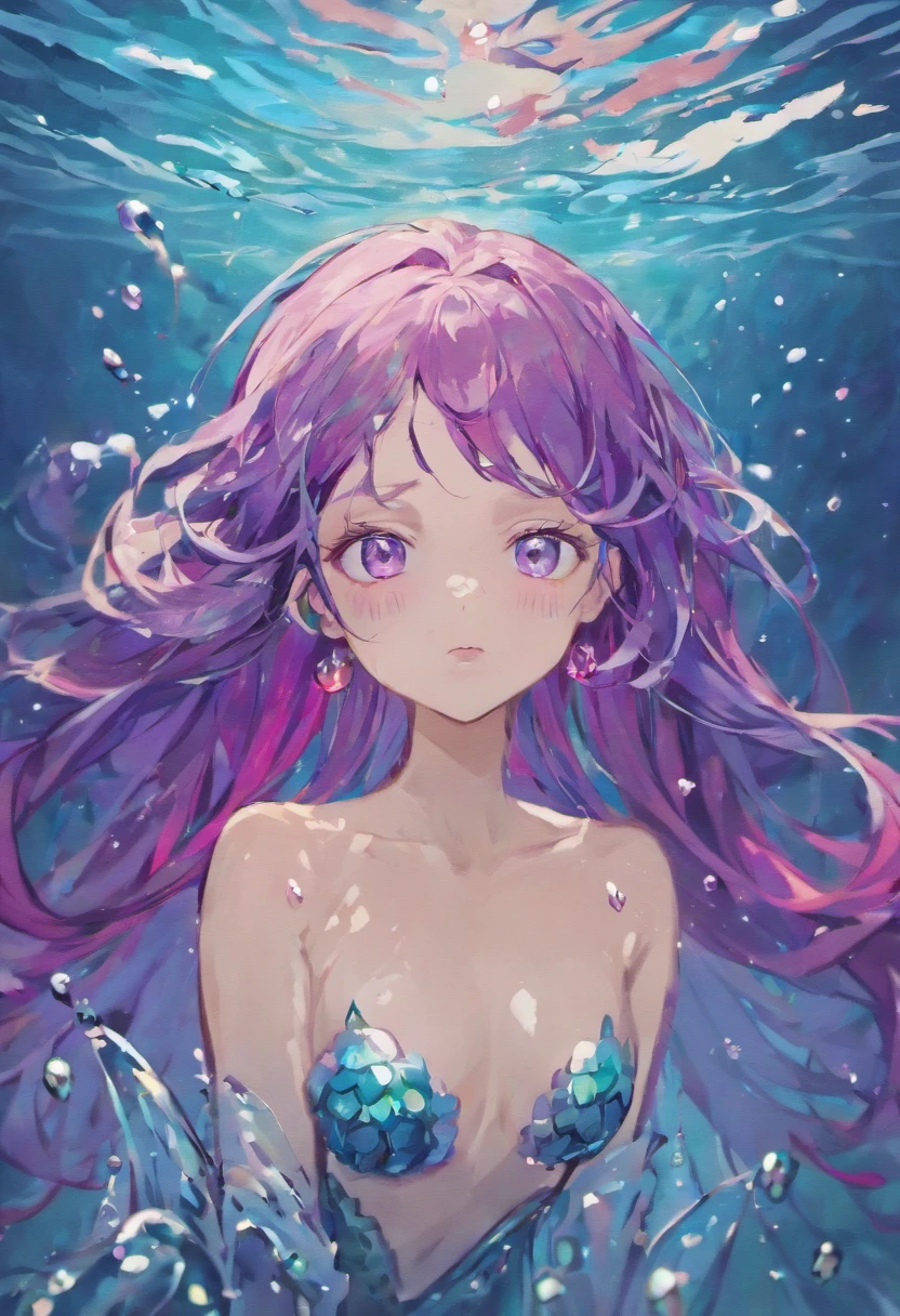 Evil mermaid with long purple hair and pale skin inside the water