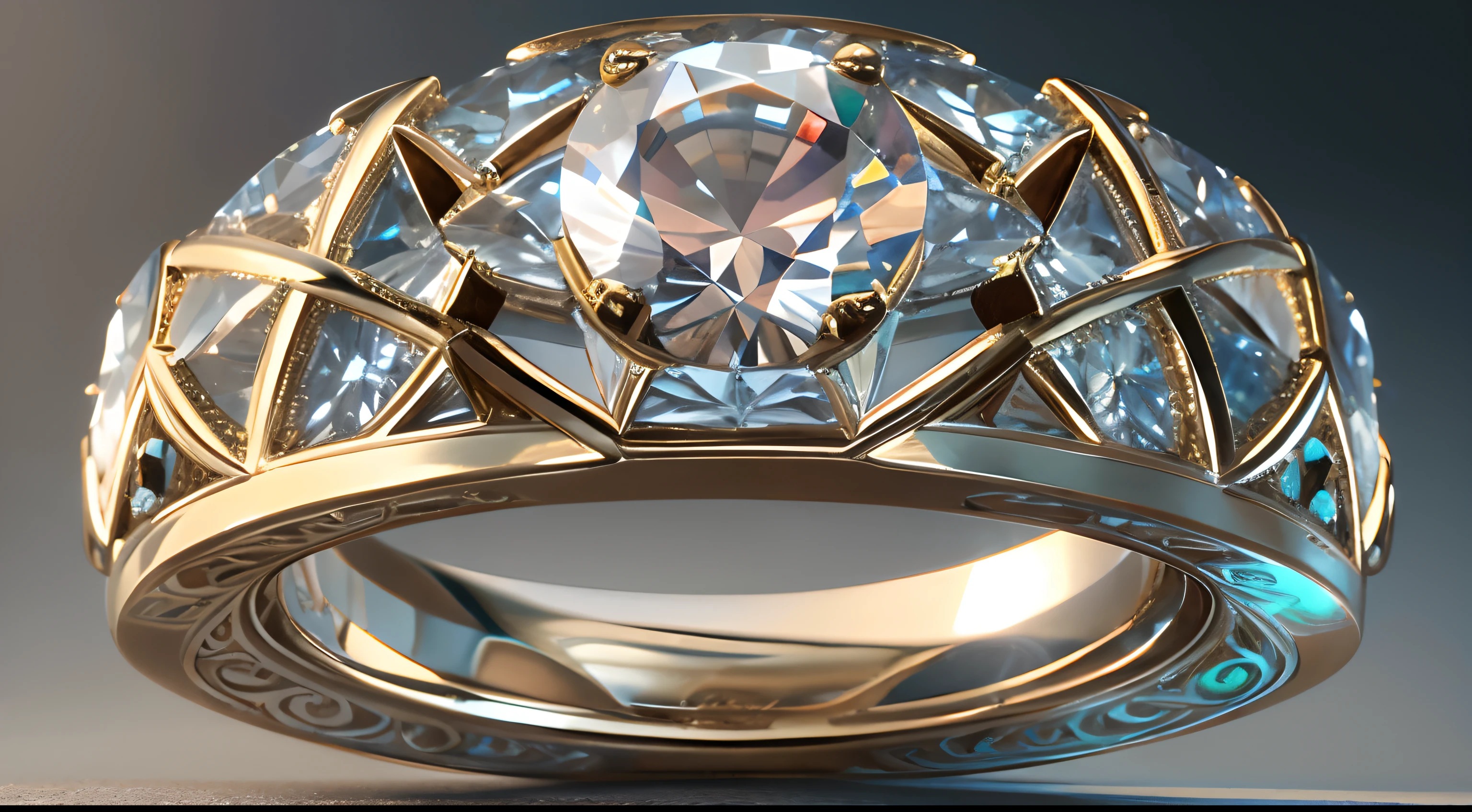 Diamond and gemstone rings from the book，Aurora chase，Extreme light and shadow，Extremely strong reflected light，Extreme ambient light，Extreme shadows，globalillumination，rendering by octane，Ultra photo realsisim，Hyper-realistic，soft sun light，（extremelycomplicateddetails:1.1）（Incomparably noble shape:1.1）artwork of a，invaluable，Artistic shapes，Works of masters，flawless perfection，Close-up of the advertisement，Super clear，Delicate