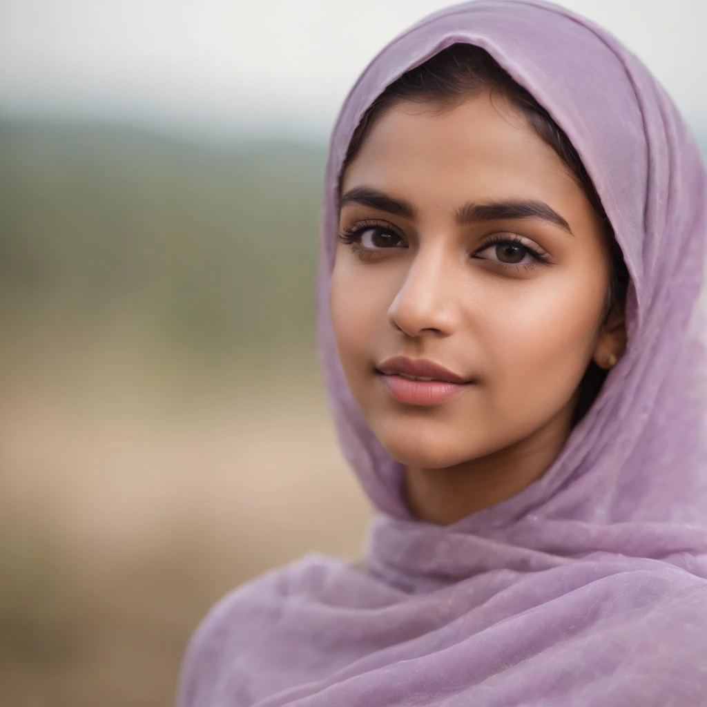 Portrait of an 18 year old sexy muslim teen with hijab, beautiful Kerala girl, round face, brown skin, seductive face (asymmetric face), wearing full sleeve dress in lavender color, in her room, shy and cheerful smile, perfect medium breast, (provocatiive)