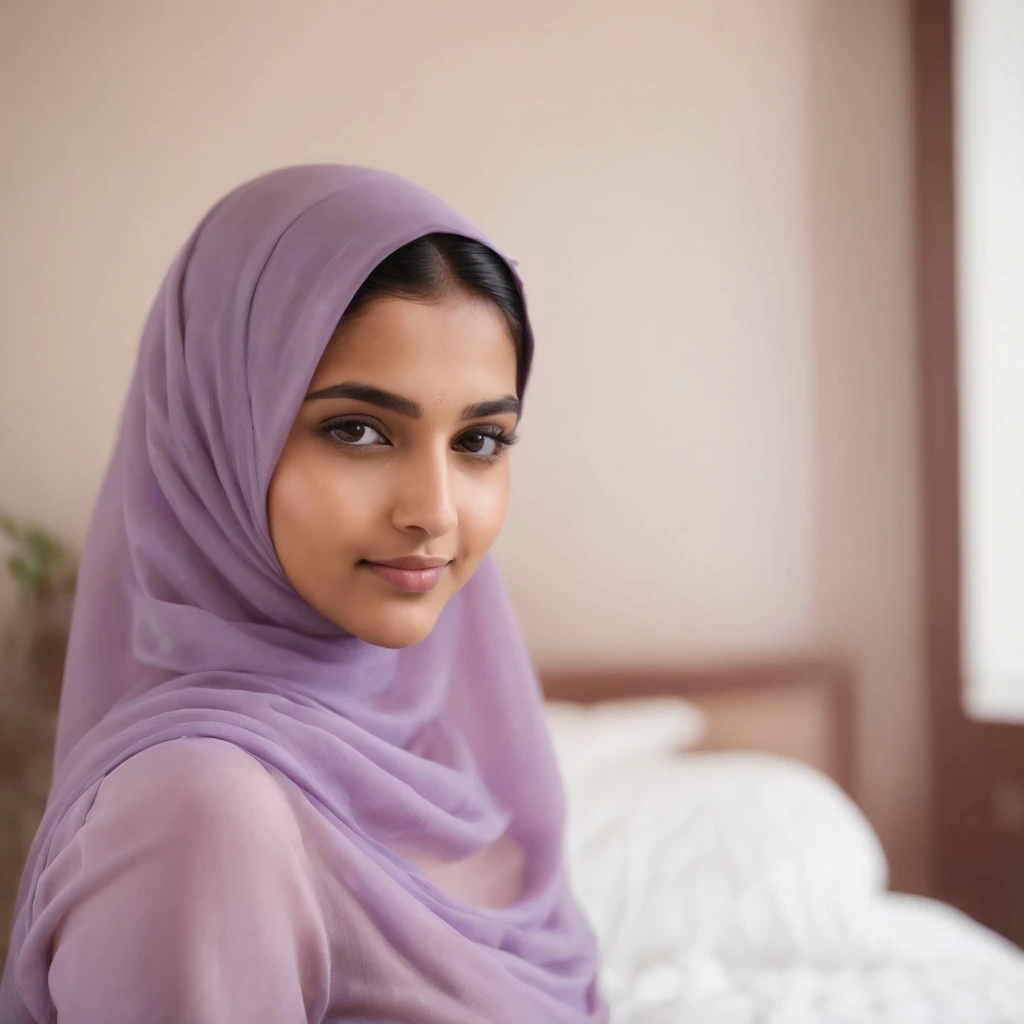 Portrait of an 18 year old sexy muslim teen with hijab, beautiful Kerala girl, round face, brown skin, seductive face (asymmetric face), wearing full sleeve dress in lavender color, in her room, shy and cheerful smile, perfect medium breast, (provocatiive)