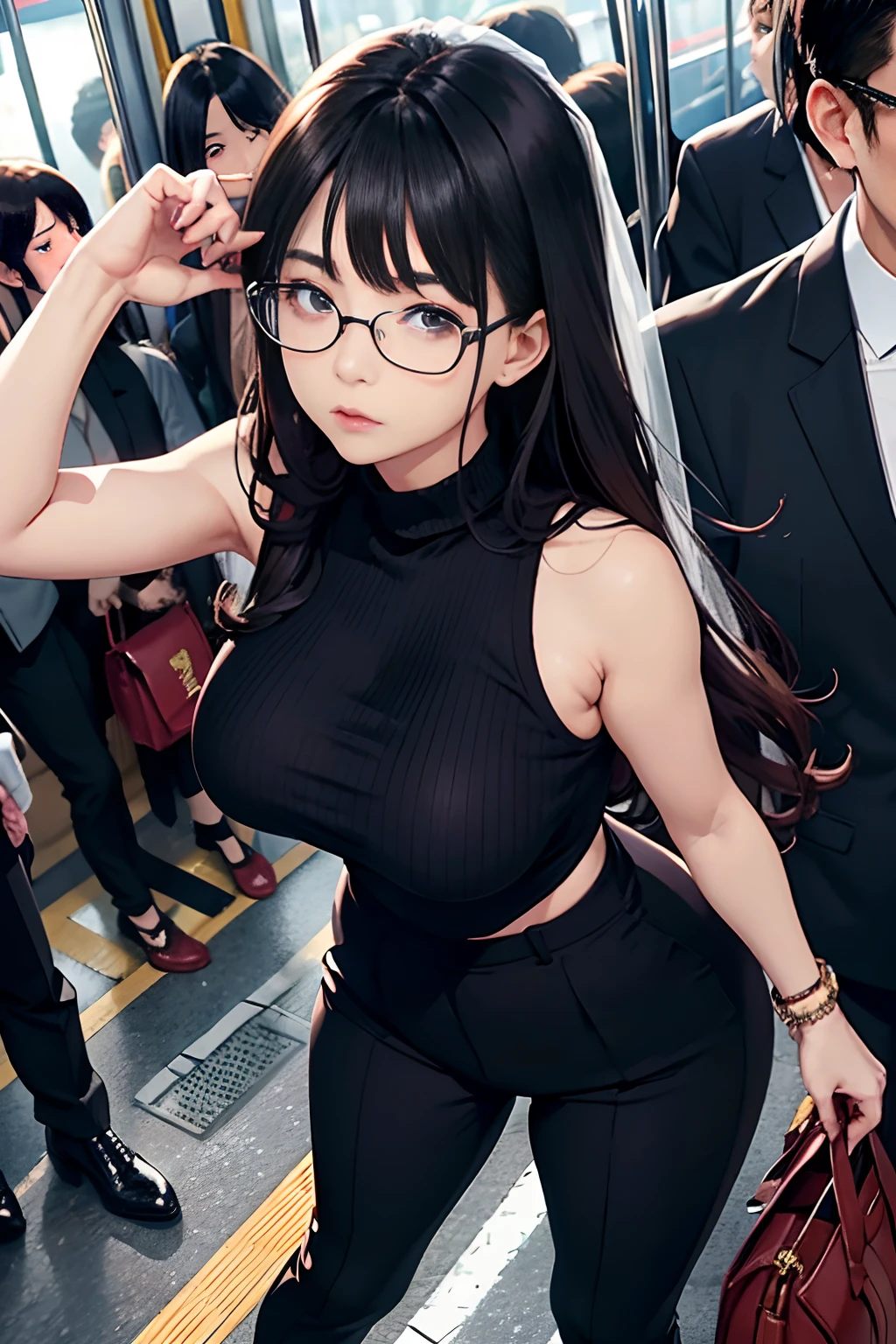 japanes OL 、A dark-haired Longhaire、eye glass、Sleeveless Brown Knitwear、high-waisted pant suit、Wearing black high heels、Colossal tits、gargantuan butt、On the train traffic jam the morning sun、Wearing Wedding Rings wrist watch、embarassed face、is standing Armpit