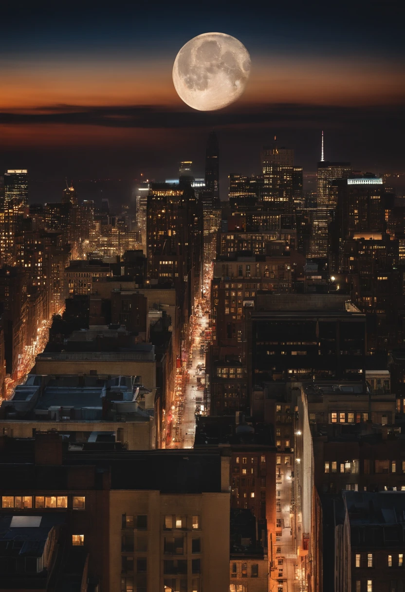 in 2d perspective, A rooftop view of the city with a full moon overhead. New York, the edge of the building, looking out over the city. At B's door&b,45-degree shooting,the sideview,Realiy.}