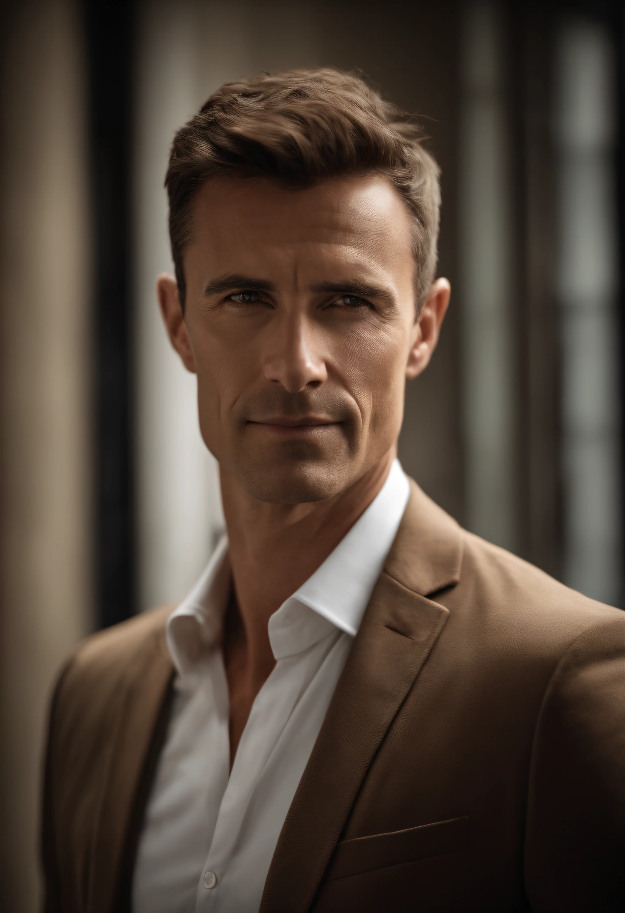 Cinematic portrait , a handsom man, Tall and fit, (40 years old:1.1), (shaven:1.2), (short brown fine hair :1.5),(very short fine hair:1.6). black tight suit, white shirt . Minimalistic background, clean composition, strong details, Muted Colours, Hasselblad, style raw
