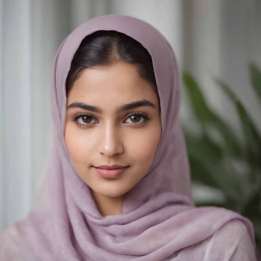 Portrait of an 18 year old sexy muslim with hijab, beautiful Kerala girl, round face, brown skin, seductive face (asymmetric face), cute pimples on face, wearing full sleeve dress in lavender color, in her room, shy and cheerful smile, perfect medium breast, (provocatiive)
