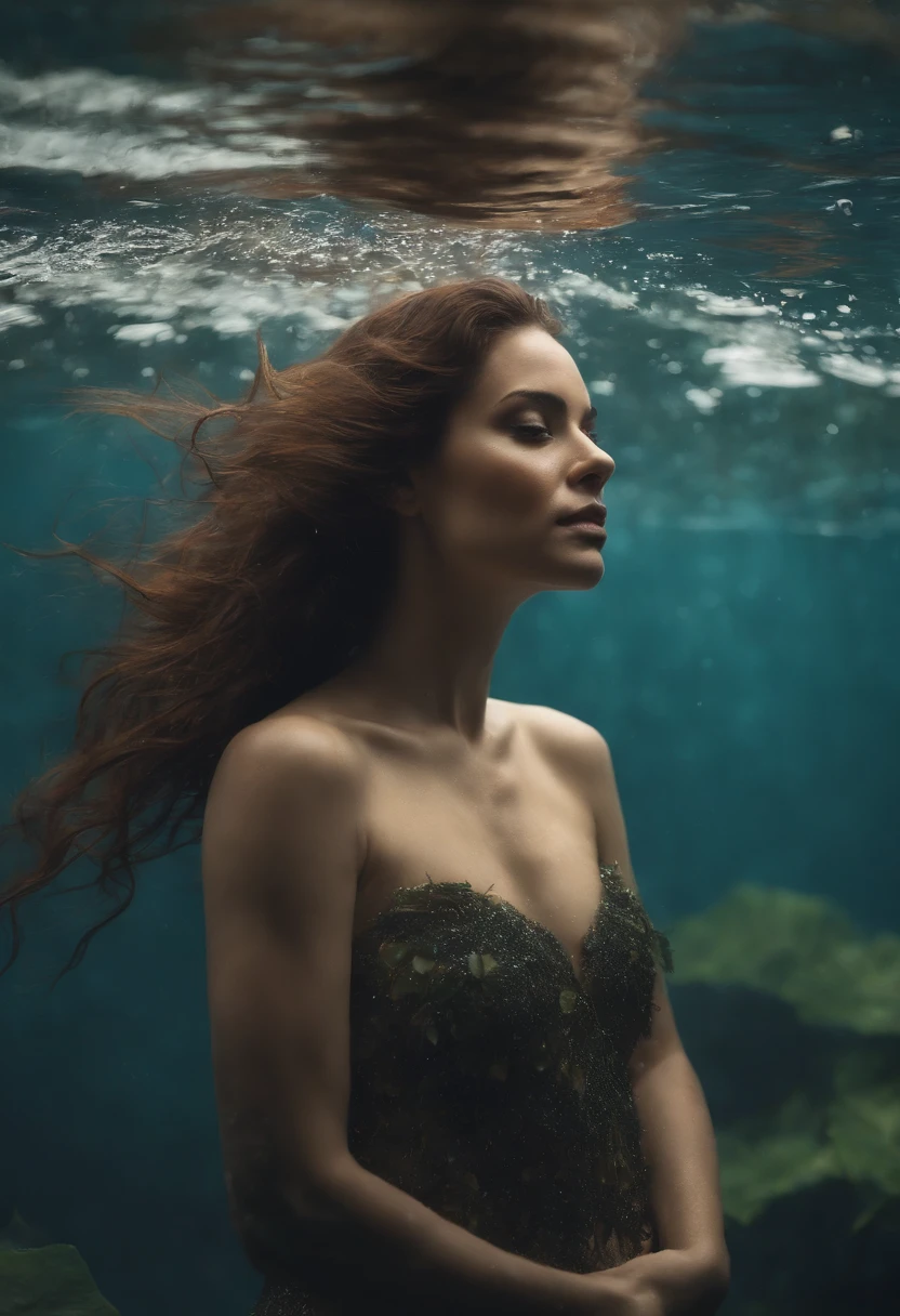 (best quality,Realistic:1.2)Sereia Maligna,pintura de jardim,tela em grande escala,paleta de cores roxas,ultra-detalhado,Long purple hair flowing in the water,pale skin glowing in the sunlight,Strands of hair intertwined with aquatic plants,Escuro, Olhos encantadores refletindo travessuras e perigos,escamas requintadas cintilantes enquanto ela se move,dentes afiados brilhando,Powerful tail swinging in the water,Beautiful, aura sinistra em torno dela,underwater environment,Subtle rays of light penetrating through the water,Creating a mystical atmosphere.