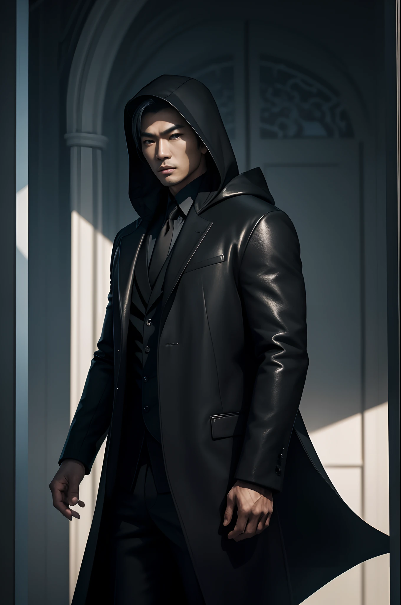 1 Asian Super Handsome Men,((Surreal details)), Men in black coats with hoods,portlate, globalillumination, Shadow, octan render, 8K, ultrasharp,metal,convolution