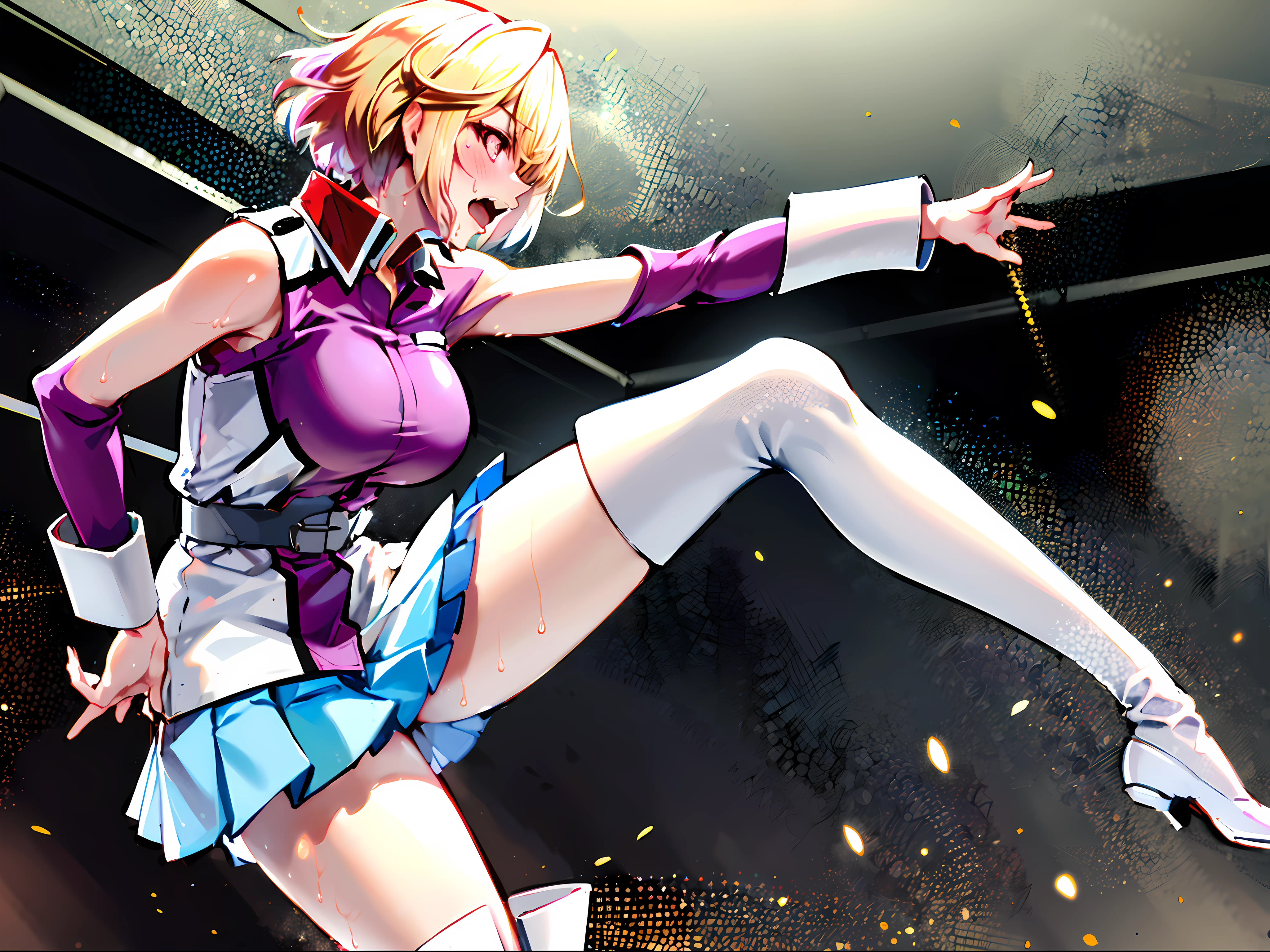 masterpiece, best quality, highres, 1girl, solo, skirt, military uniform, short hair, messy hair, thighhighs, blush, sexy pose, sweating, large breasts, screaming in pain, dynamic legs, narrow waist, medium full shot,fighting, battle damage, side view