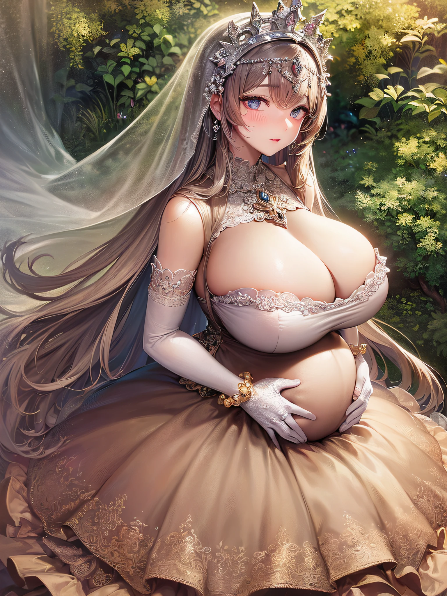 ((anime artstyle)),(Masterpiece),(Best Quality), (Super Detail),(Highly Detailed CG Unity 8k wallpaper),((Very Delicate and Beautiful)),1 pregnant girl,((full body portrait)),((standing in garden)),((solo)),(((1 pregnant princess in gorgeous embroidery and jeweled extremely gorgeous rococo princess ballgown with voluminous full length hoop skirt))),(((heavily pregnant))),(((huge crinoline hoopskirt))),long train,((gorgeous embroidery and jeweled)),voluminous frills,See-through,(((extremely gigantic tits,skindentation))),cleavage,((absurdly Long Straight Hair,extremely voluminous Straight long Hair,absurdly Long Straight Hair)),(finely detailed face and eyes),((embarrassed)),anguish,clear pupil,extremely gorgeousfull hair ornament,(bling-bling jeweled extremely gorgeousfull tiara),((bling-bling gorgeous gemstone jewelry)),gorgeous long veil,((ultra long gloves)),(beautiful background),(full body),((gorgeous embroidery and jeweled extremely gorgeous rococo princess ballgown with voluminous full length hoop skirt))