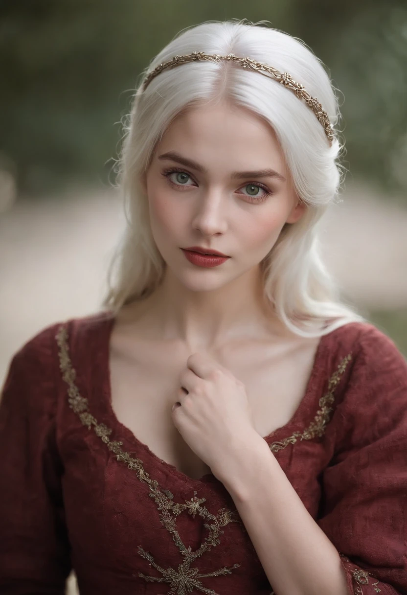 (((a deep reddish wound crosses her left cheek))) fair complexion, woman around 19 years old, natural white hair, distinctive green eyes, wearing kohl, slender and graceful, beautiful, candlelight in a medieval setting, ultra sharp focus, realistic shot, medieval female clothes, tetradic colors (scar:1.4)