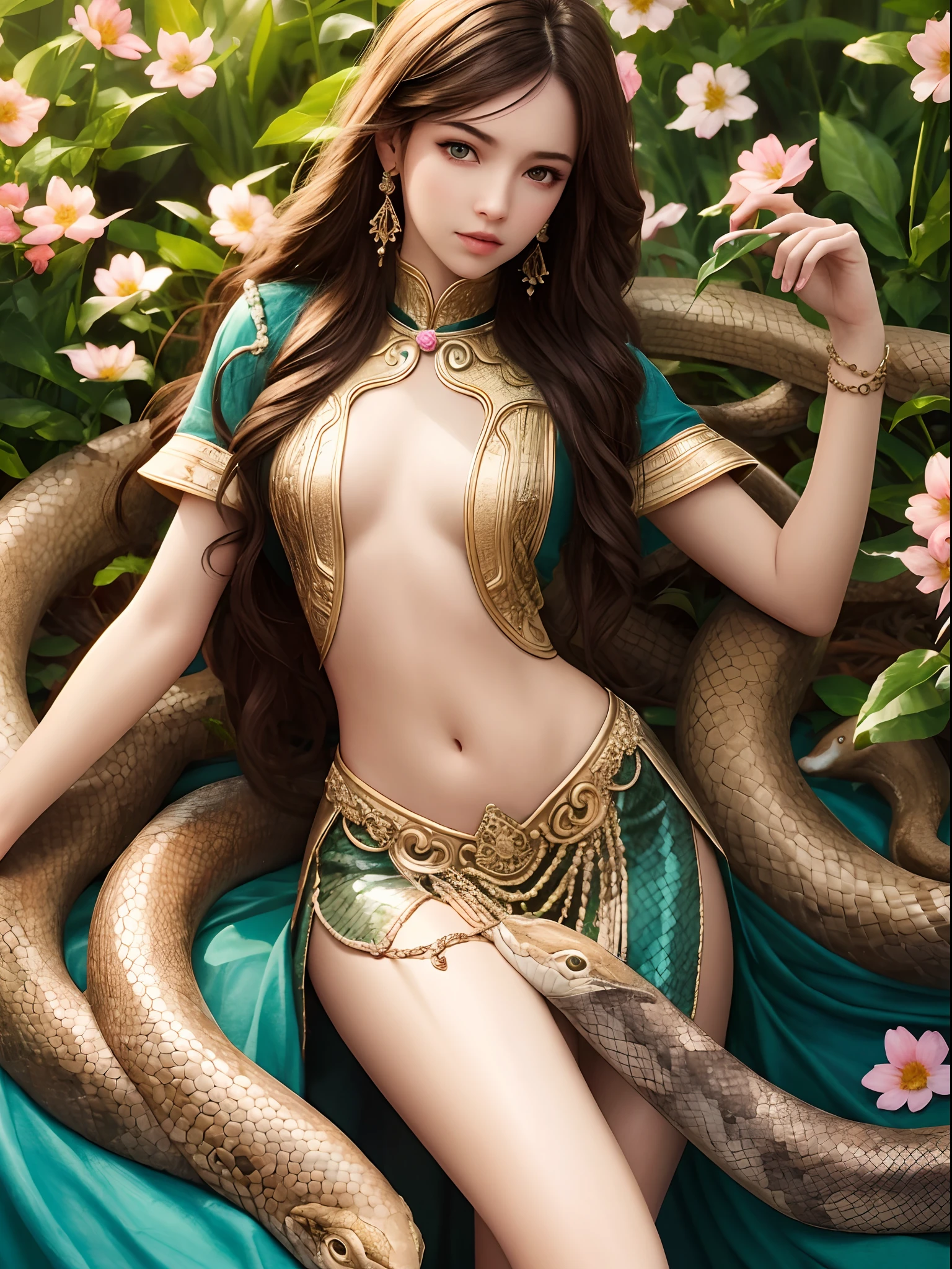 half the girl's body from head to navel and half the snake's body from the hips down, girl's eyes, girl's nose, girl's lips, snake's body, garden background, realistic style, vibrant colors, soft lighting, high resolution, detailed textures, girl's long hair, snake's scales, girl's dress, beautiful flowers, serene atmosphere, girl's delicate features