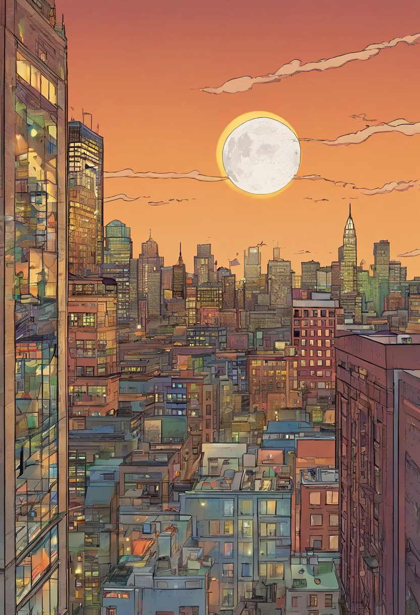 in 2d perspective, A rooftop view of the city with a full moon overhead. New York, the edge of the building, looking out over the city. At B's door&b，45-degree shooting，the sideview，Realiy.}