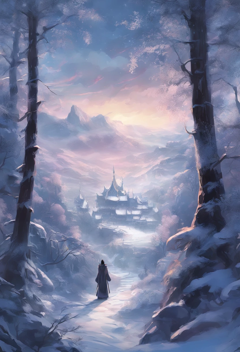 scenery。Gray screen,Loneliness,Gray clouds,The oppressive feeling is full of a stream and a scene of cedar trees in the middle,There was freshly snowed on a small bridge above,Heavy snow fell,Faraway view,There is a ruined little Taoist temple,Small temple。There are footprints on the side path where someone has just walked,Incoming view,The beauty with gray wings wears silver-gray armor that shows half of her breasts,long ashy hair,Big eyes,Two slender thighs are exposed,Exposed body majority,Standing in the snow with silver-gray glittering jewelry,Holding a glittering silver sword in his hand,snow landscape,Arte conceitual de inverno,snow environment,beautiful snowy landscape,snow landscape,snow landscape background,Highly detailed digital art in 4K,8k high quality detail art,cold snowy,surreal frozen landscape,Winter scenery,Gray sky,mystic winter landscape,8k hd matte digital painting