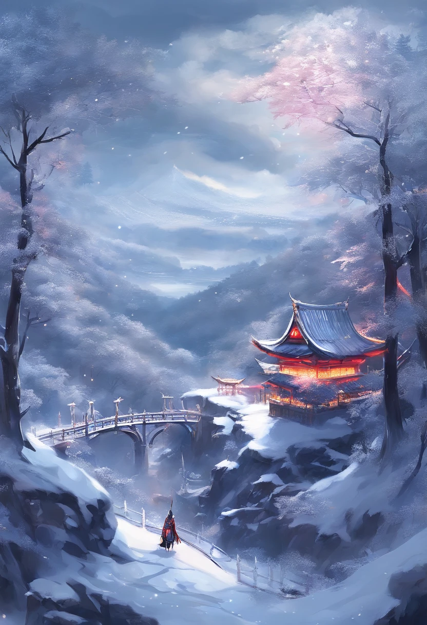 scenery。Gray screen,Loneliness,Gray clouds,The oppressive feeling is full of a stream and a scene of cedar trees in the middle,There was freshly snowed on a small bridge above,Heavy snow fell,Faraway view,There is a ruined little Taoist temple,Small temple。There are footprints on the side path where someone has just walked,Incoming view,The beauty with gray wings wears silver-gray armor that shows half of her breasts,long ashy hair,Big eyes,Two slender thighs are exposed,Exposed body majority,Standing in the snow with silver-gray glittering jewelry,Holding a glittering silver sword in his hand,snow landscape,Arte conceitual de inverno,snow environment,beautiful snowy landscape,snow landscape,snow landscape background,Highly detailed digital art in 4K,8k high quality detail art,cold snowy,surreal frozen landscape,Winter scenery,Gray sky,mystic winter landscape,8k hd matte digital painting
