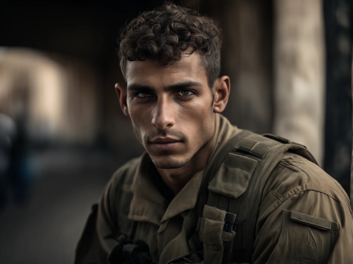 analog style, model photography style, RAW portrait of a young israeli soldier with Jerusalem city as background, best quality, epic (by photo by Lee Jeffries, sony a7, 50 mm , pores: 1.5, colors, hyperdetailed: 1.5, film grain: 1.4, hyperrealistic: 1.5), hyperrealistic texture, masterpiece, unreal engine 5, extremely detailed CG unit 4k wallpaper, realistic eyes, insanely detailed photo, no shadows, (Winner of Pulitzer Prize for Photography and Taylor Wessing Photographic Prize)