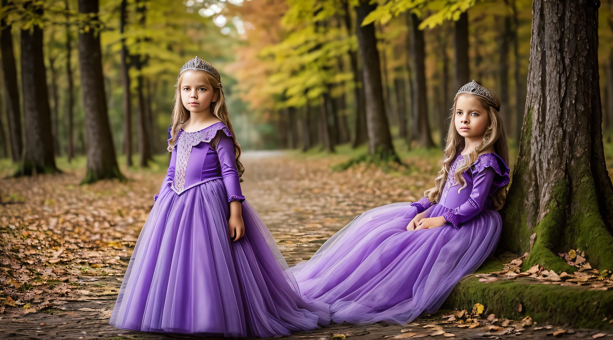 Highly detailed ultra realistic photograpy of 7 years old girl dressed by purple long gown.
