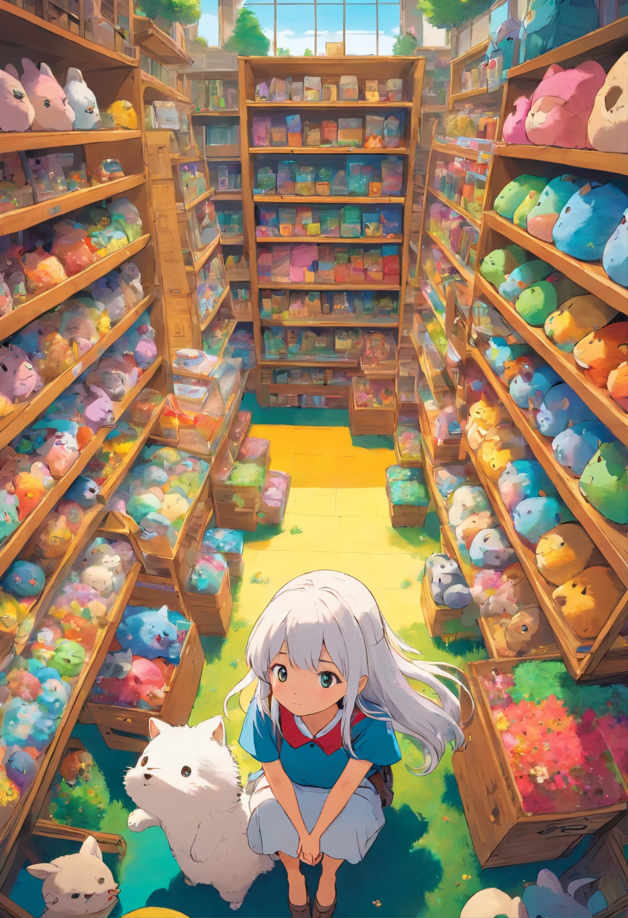 (masterpiece, best quality),1girl with long white hair sitting in a field of(masterpiece, best quality), (colorful:1.4), from above, solo, 1girl standing in a store with lots of stuffed animals on the shelves and a bag of stuff, depth of field, fisheye lens