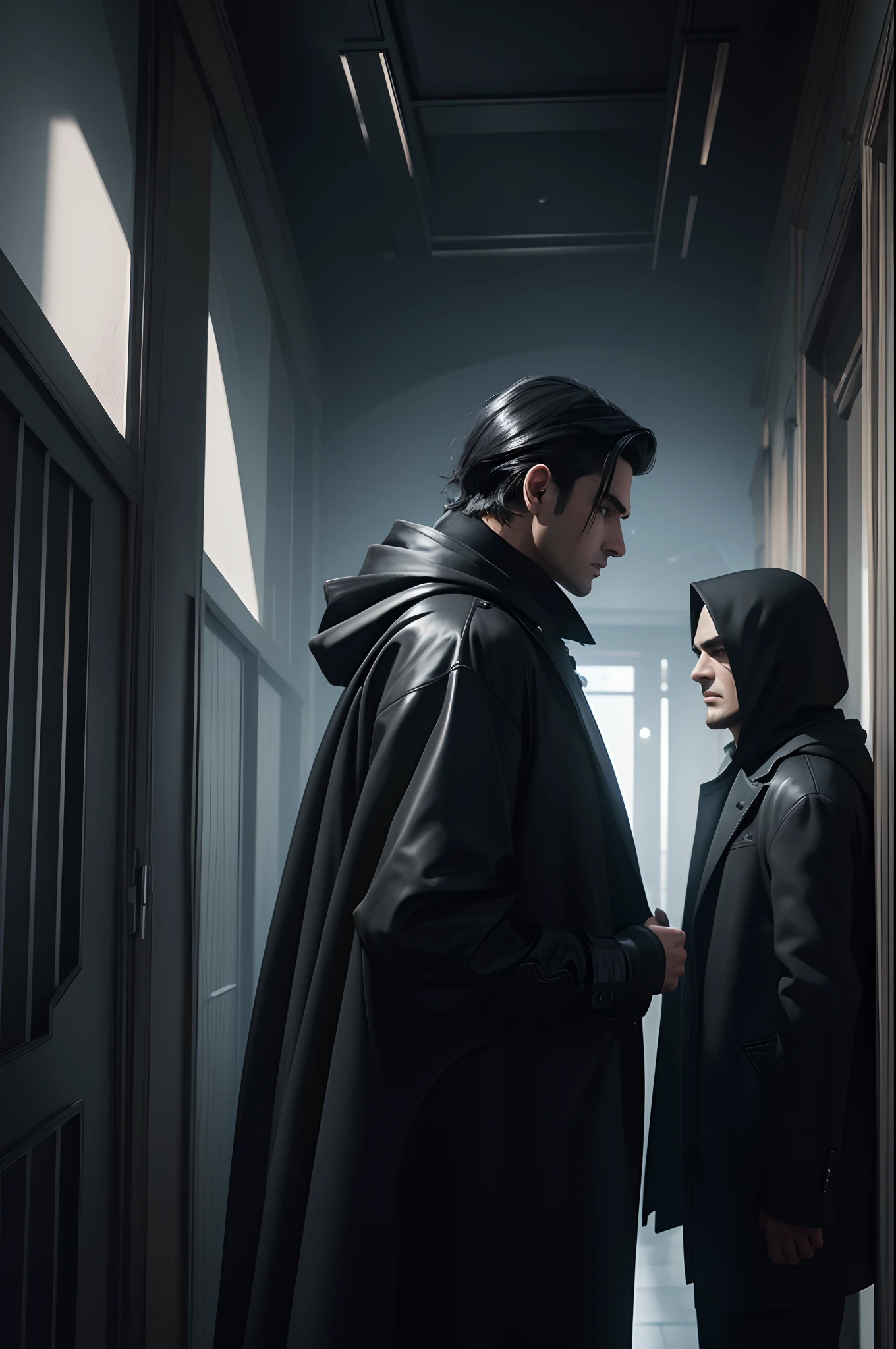 1 Super handsome men,((Surreal details)), Men in black coats with hoods,Bunching up black hair,portlate, globalillumination, Shadow, octan render, 8K, ultrasharp,metal,convolution
