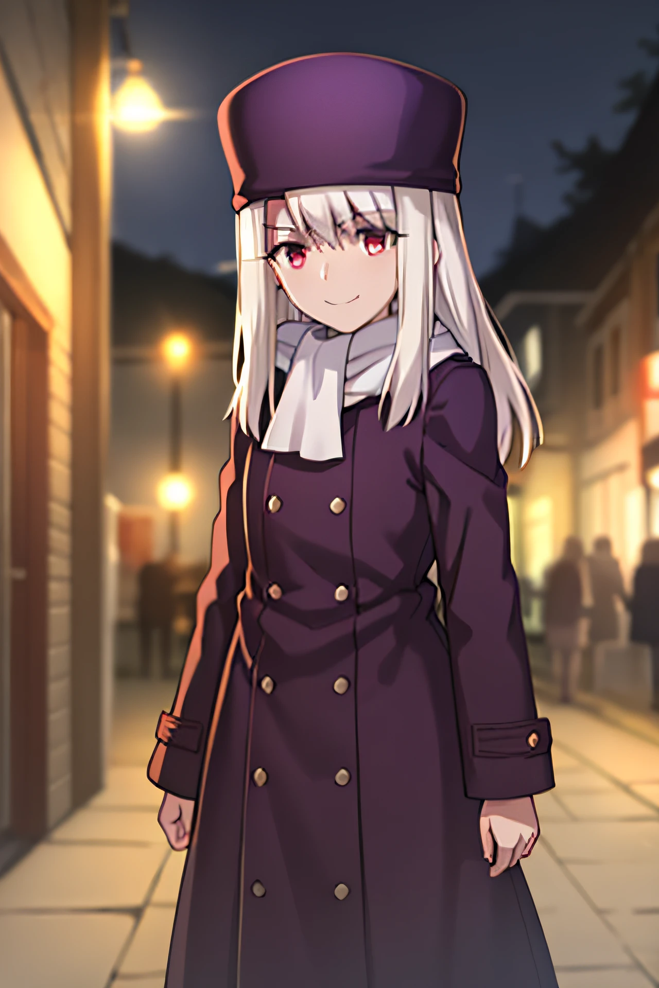 Best Quality, (Masterpiece:1.2), Highly detailed,
fate/Stay in the background, night time, City, luna,
illyasviel from Einzbern UBW,
1girl, 独奏, Standing, looking at the viewer, closed mouth, Smile,
Long hair, white colored hair, red eyes,
Purple Coat, hat, white scarf
