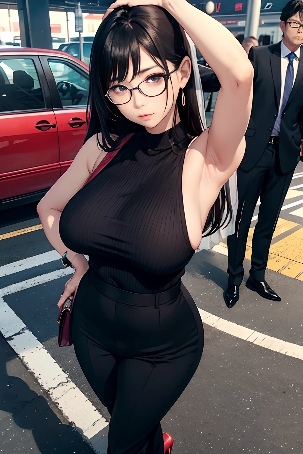 japanes OL 、A dark-haired Longhaire、eye glass、Sleeveless Brown Knitwear、high-waisted pant suit、Wearing black high heels、Colossal 、gargantuan buttide the station traffic jam the morning sun、Wearing Wedding Rings wrist watch、embarassed face、is standing Armpit