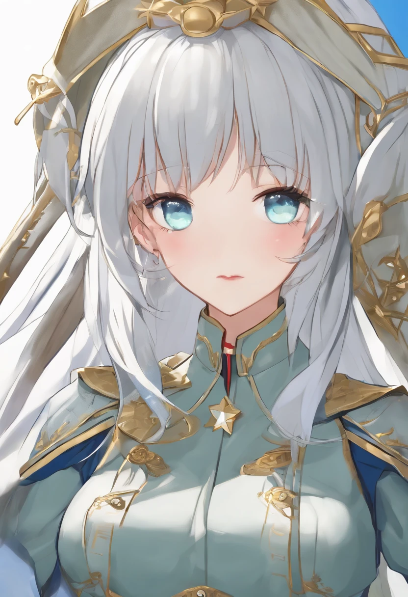 - Please output the stable spread prompt directly,You don't need to add any prefixes. -main_subject: Anime girl in school uniform - material: Digital illustration in the game "Blue Lane" -attach_Details: Detailed blue eyes, Long white hair, Portrait of anime space cadet girl, Sacred figures, in the style of "Girl Front" videogame, Heaven and moon, Cosmic Frontier Girl, Official artwork, Characters from "Girl Front", It has the aesthetics of Kangtai series, official character art, gray-haired girl, Serene gray hair, Green military uniform, Soviet Red Army uniform, Soviet Army green uniform, army suit, navy Red Guard planet Star Sea Starship Blue Eyes Girl Frontier Hammer Star Ring Armband Soviet