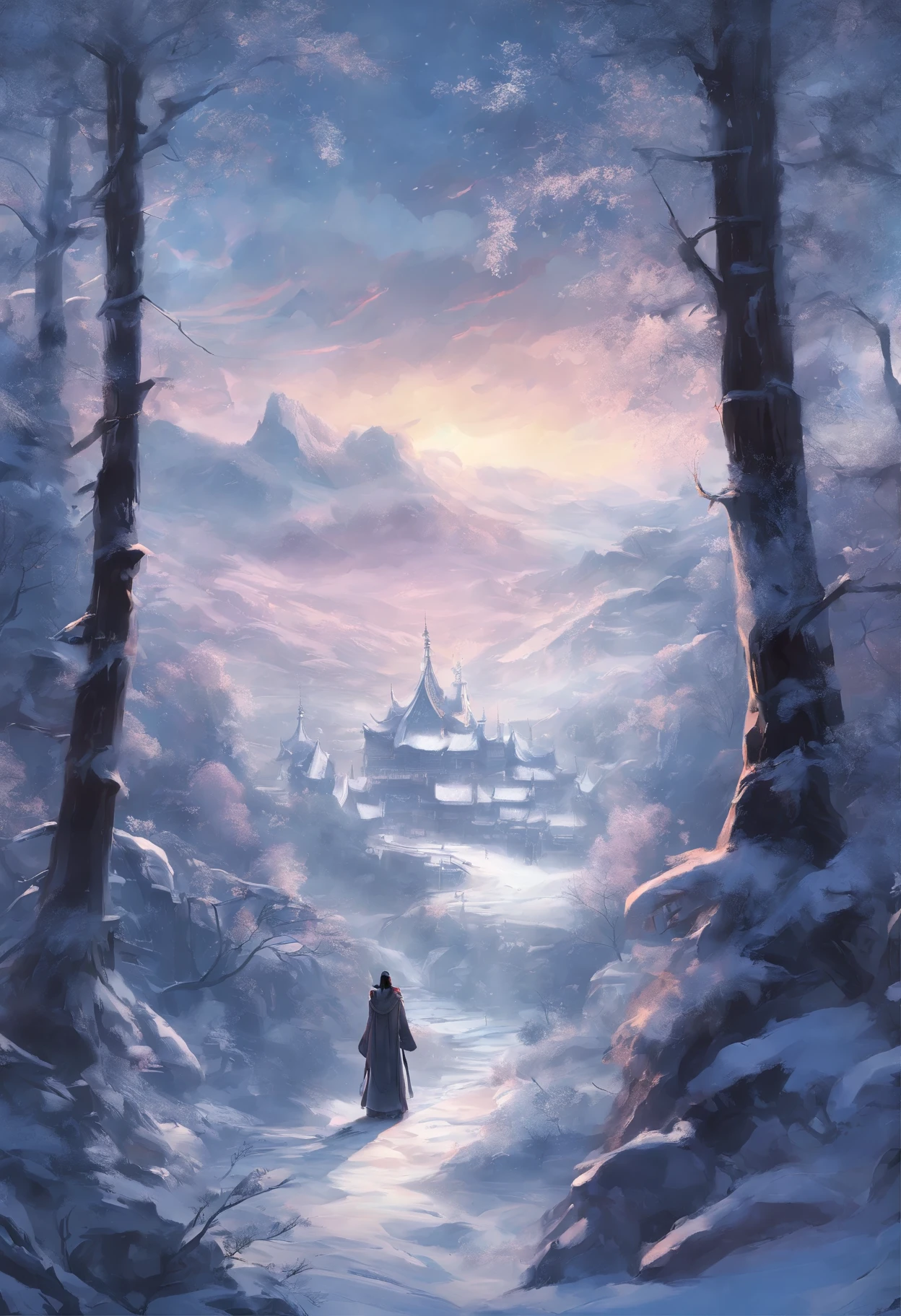 scenery。Gray screen,Loneliness,Gray clouds,The oppressive feeling is full of a stream and a scene of cedar trees in the middle,There was freshly snowed on a small bridge above,Heavy snow fell,Faraway view,There is a ruined little Taoist temple,Small temple。There are footprints on the side path where someone has just walked,Incoming view,The beauty with gray wings wears silver-gray armor that shows half of her breasts,long ashy hair,Big eyes,Two slender thighs are exposed,Exposed body majority,Standing in the snow with silver-gray glittering jewelry,Holding a glittering silver sword in his hand,snow landscape,Arte conceitual de inverno,snow environment,beautiful snowy landscape,snow landscape,snow landscape background,Highly detailed digital art in 4K,8k high quality detail art,cold snowy,surreal frozen landscape,Winter scenery,Gray sky,mystic winter landscape,8k hd matte digital painting