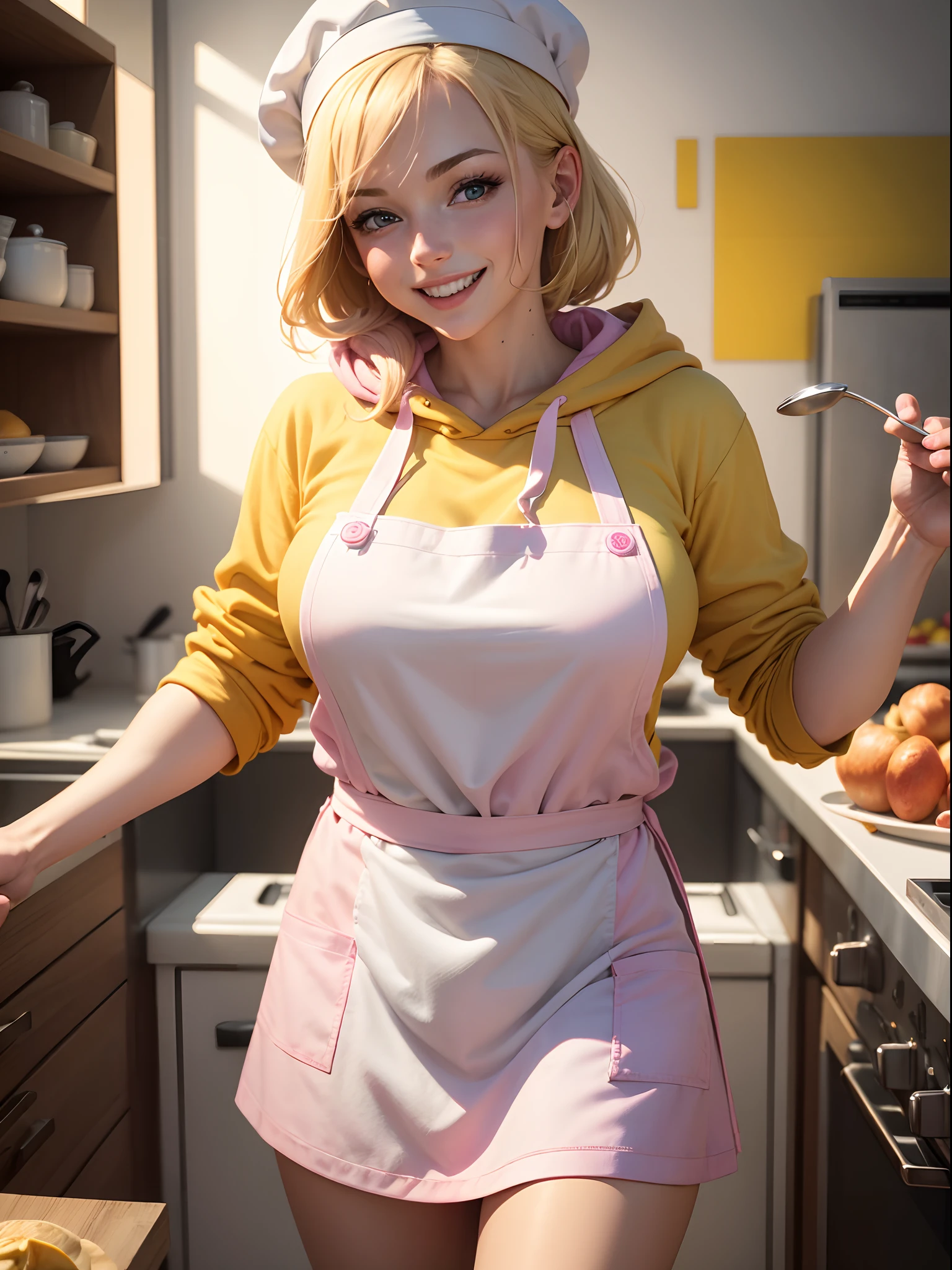 (best quality, masterpiece), a portrait of chef, adult female, in the colorful mad kitchen, blonde, pink eyes, (white apron, chef's hat), yellow hoodie, crazy face, pervert smile, HD, increase details