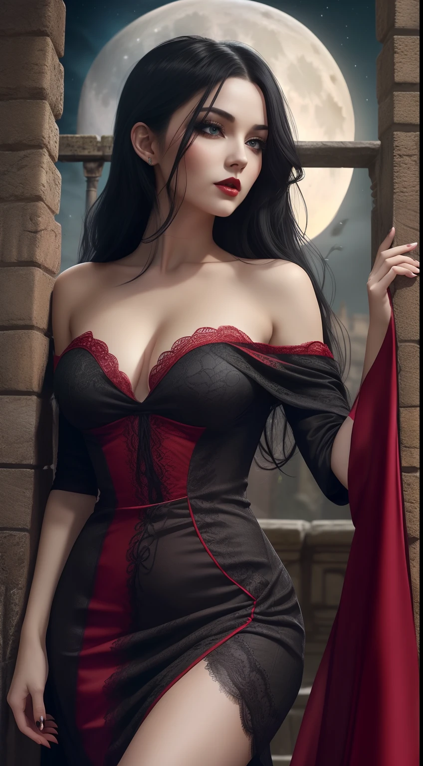 A Pretty Rogue with
Long black hair and captivating eyesBald skin and slightly reddish lips ((long red dress))and fluid with lacy detailsConfident and seductive pose, holding a fanNight scenery in an ancient Gothic castle, with the full moon in the sky