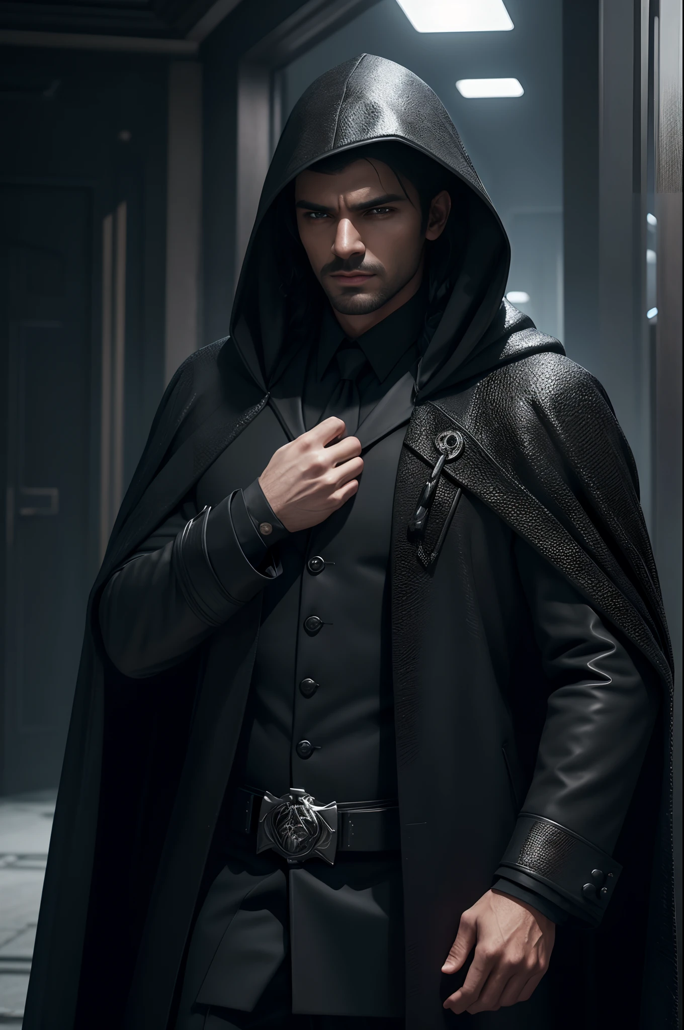 1 Super handsome men,((Surreal details)), Men in black coats with hoods,Bunching up black hair,assassin,portlate, globalillumination, Shadow, octan render, 8K, ultrasharp,metal,convolution
