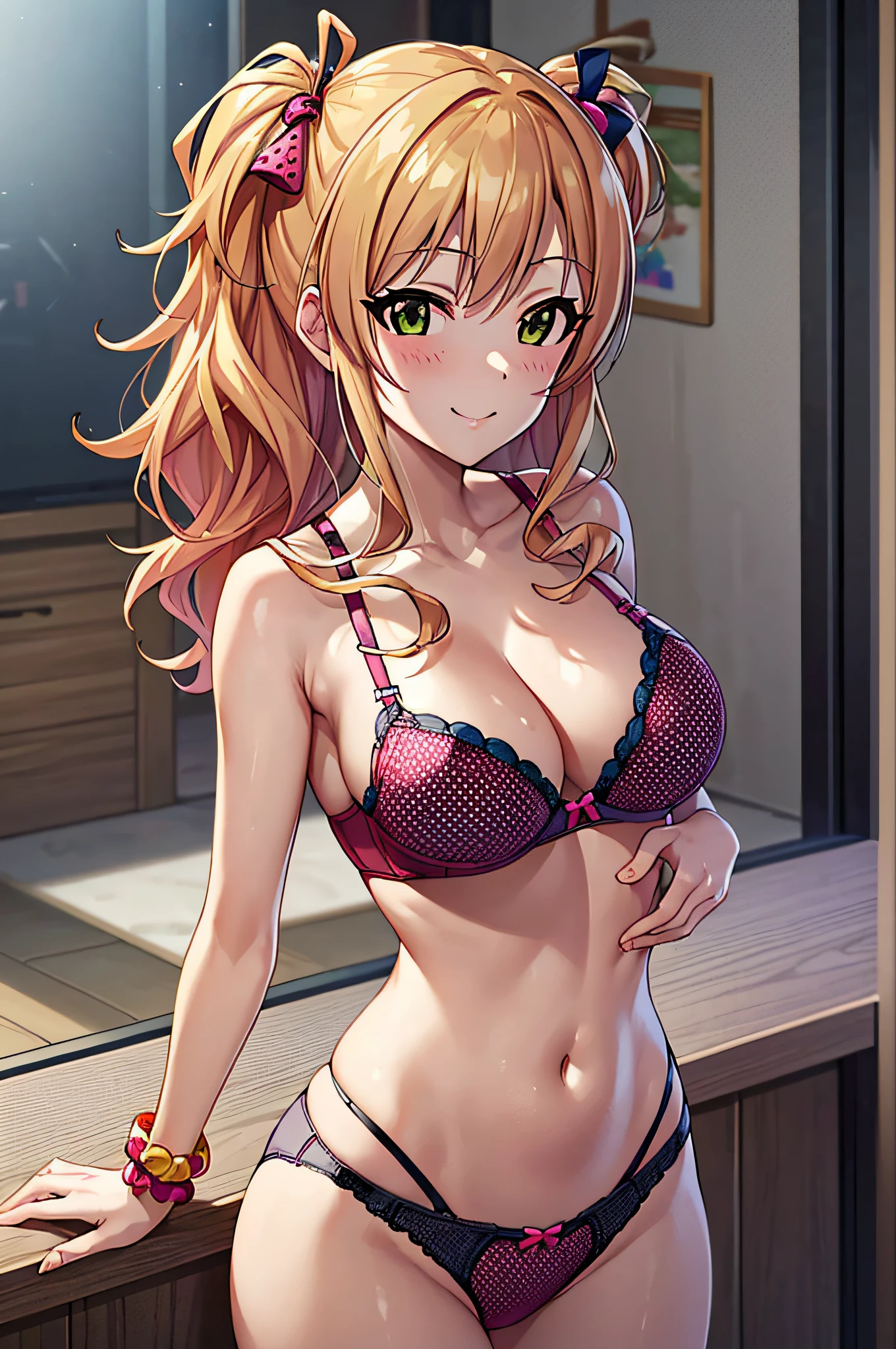 (best quality),  (unity 8k wallpaper),  (super detailed skin),   (red dot bra), (red dot panties), (dot underwear:1.5), game cg, tachi-e, indoors, standing, 1girl, solo, (gyaru:1.5), (tsurime:1.2), lite smile, side up, (idolmaster shiny colors:1.3),