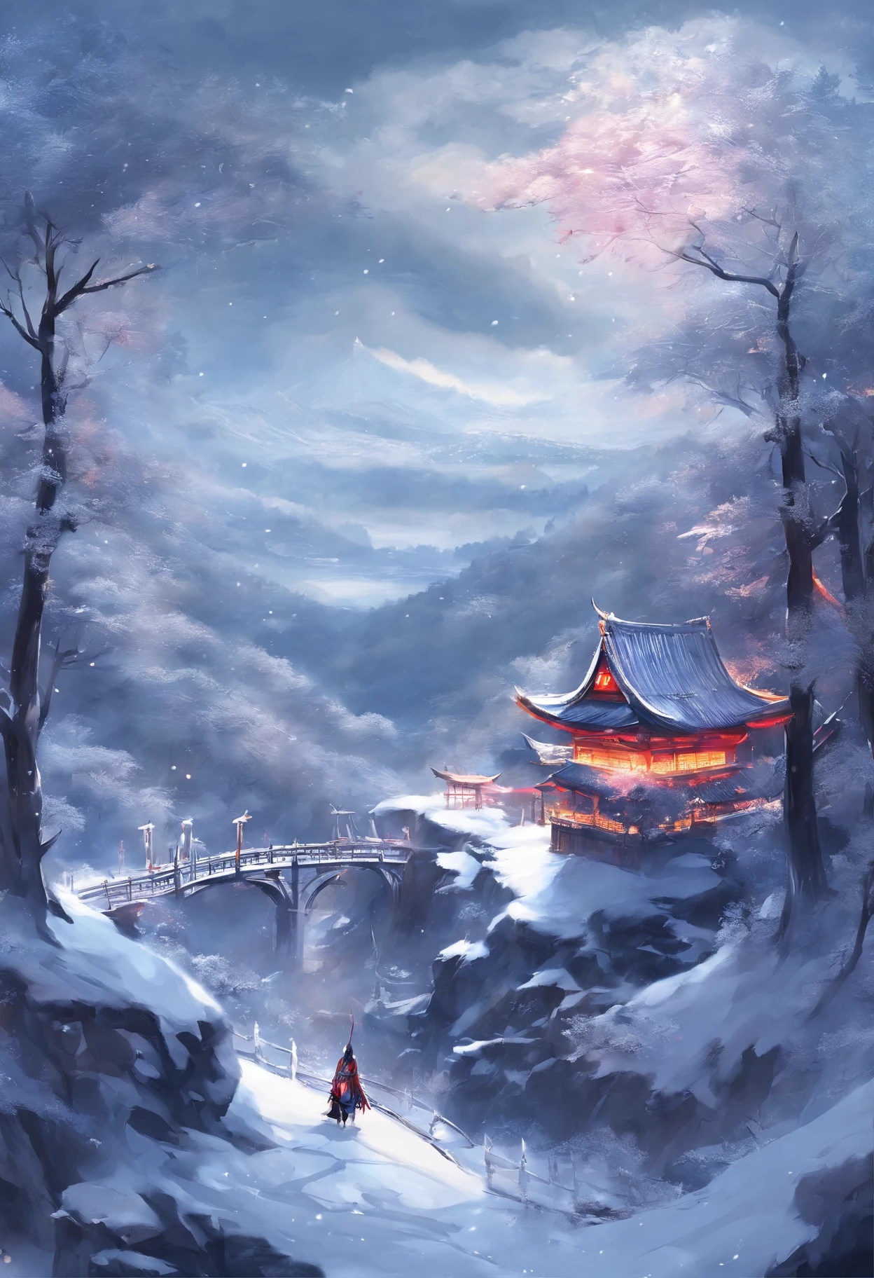 scenery。Gray screen，Loneliness，Gray clouds，The oppressive feeling is full of a stream and a scene of cedar trees in the middle，There was freshly snowed on a small bridge above，Heavy snow fell，Faraway view，There is a ruined little Taoist temple，Small temple。There are footprints on the side path where someone has just walked，Incoming view，The beauty with gray wings wears silver-gray armor that shows half of her breasts，long ashy hair，Big eyes，Two slender thighs are exposed，Exposed body majority，Standing in the snow with silver-gray glittering jewelry，Holding a glittering silver sword in his hand，snow landscape，Arte conceitual de inverno，snow environment，beautiful snowy landscape，snow landscape，snow landscape background，Highly detailed digital art in 4K，8k high quality detail art，cold snowy，surreal frozen landscape，Winter scenery，Gray sky，mystic winter landscape，8k hd matte digital painting