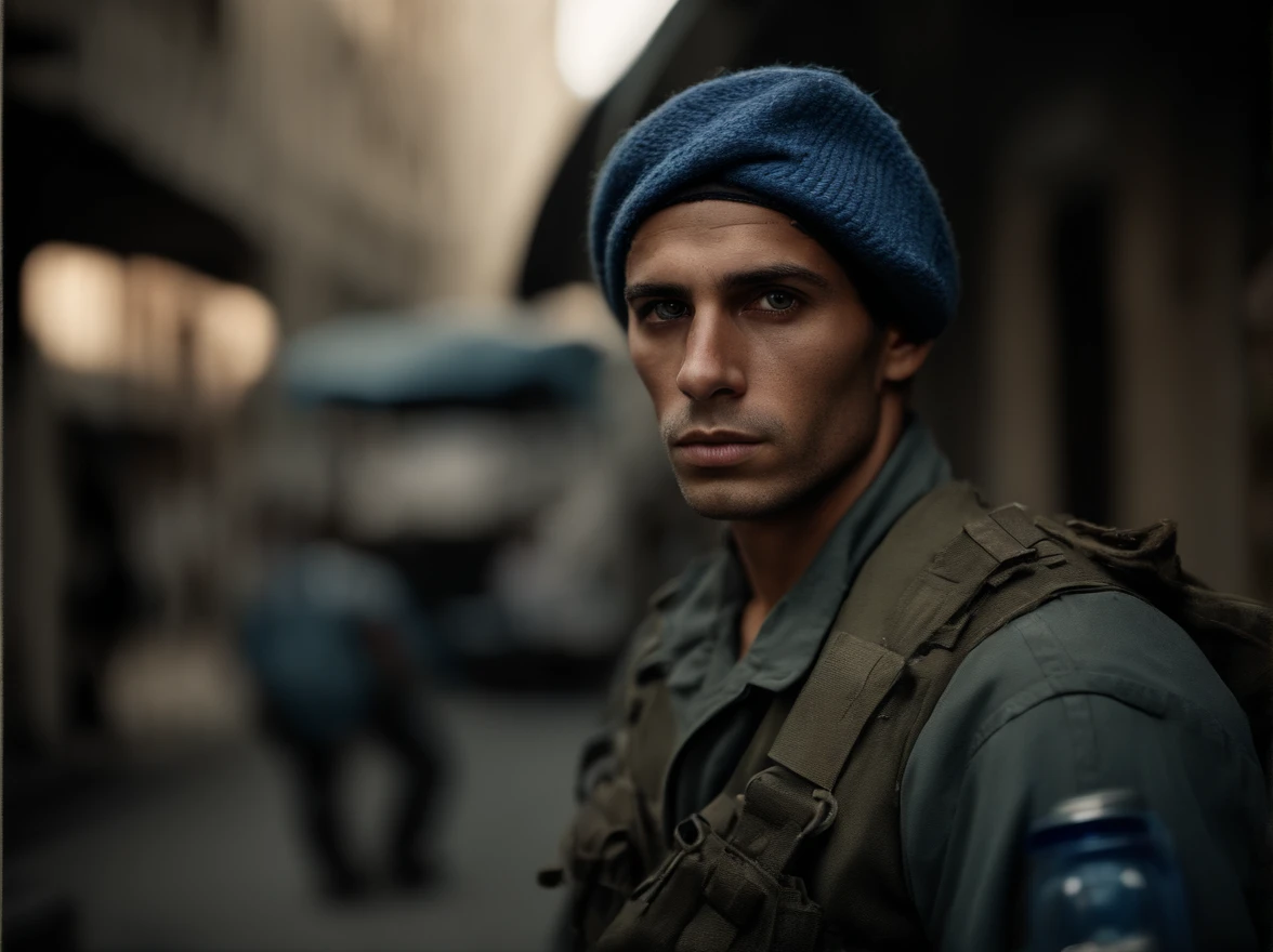 analog style, model photography style, RAW portrait of a young israeli soldier wearing a blue beret with a David symbol badge, a war zone city as background, best quality, epic (by photo by Lee Jeffries, sony a7, 50 mm , pores: 1.5, colors, hyperdetailed: 1.5, film grain: 1.4, hyperrealistic: 1.5), hyperrealistic texture, masterpiece, unreal engine 5, extremely detailed CG unit 4k wallpaper, realistic eyes, insanely detailed photo, no shadows, (Winner of Pulitzer Prize for Photography and Taylor Wessing Photographic Prize)